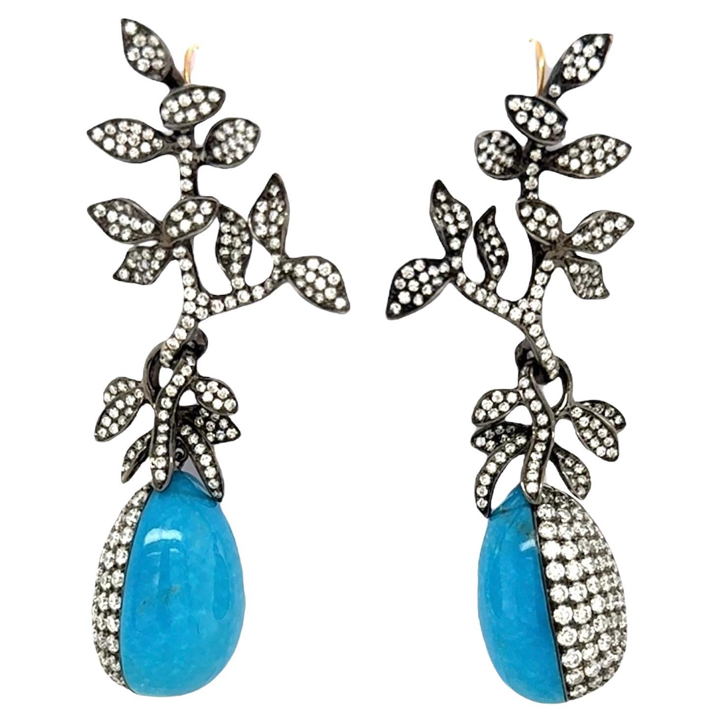 Diamond and Turquoise Drop Earrings For Sale