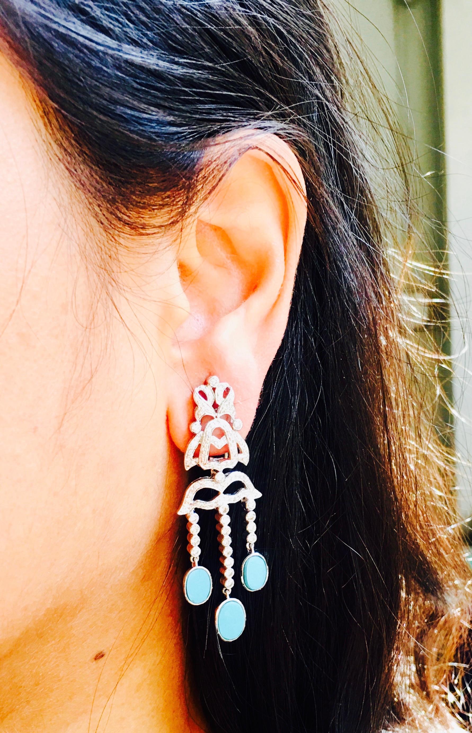 Diamond and Turquoise Earrings in 18k White Gold For Sale 4