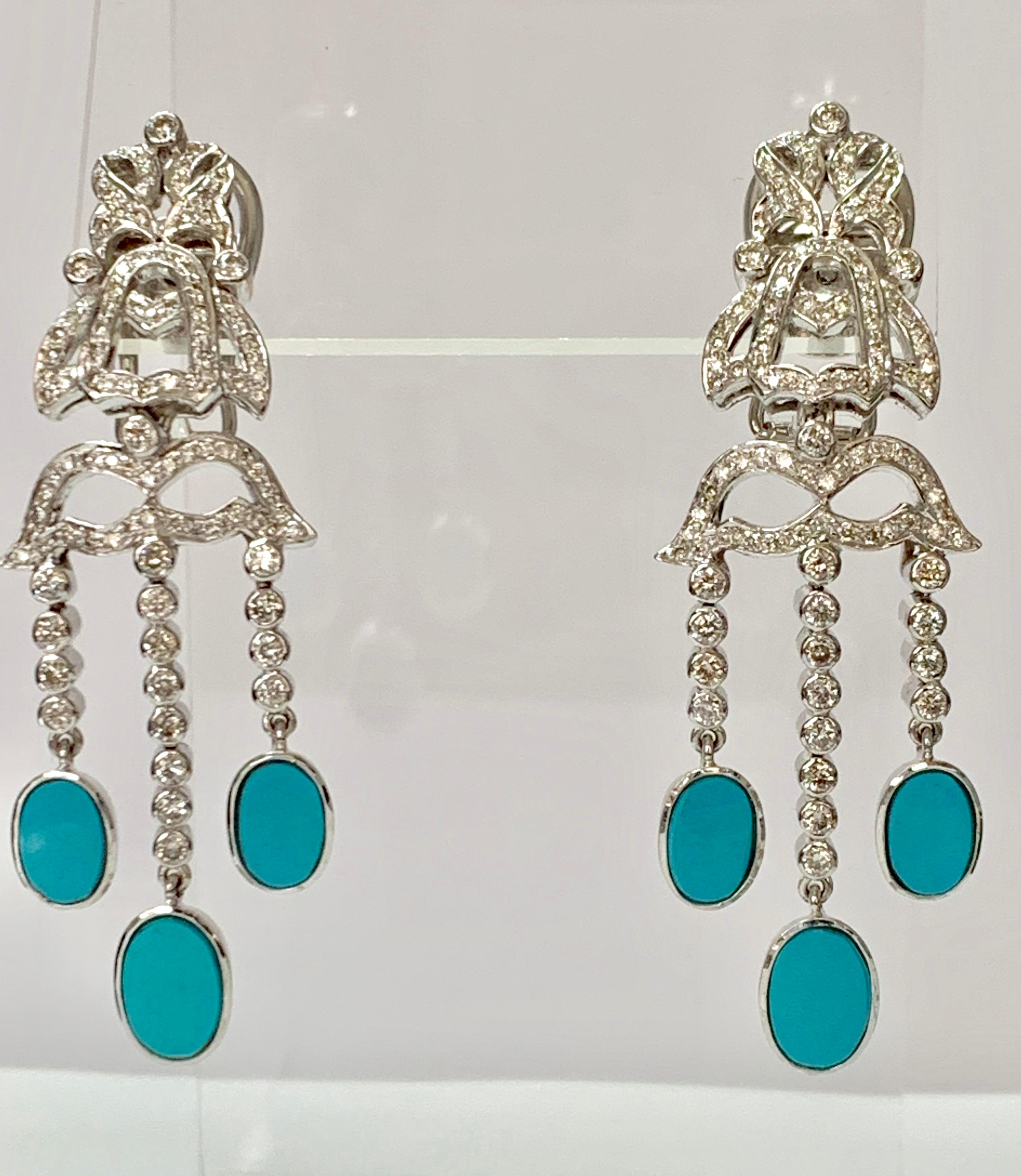 Round Cut Diamond and Turquoise Earrings in 18k White Gold For Sale