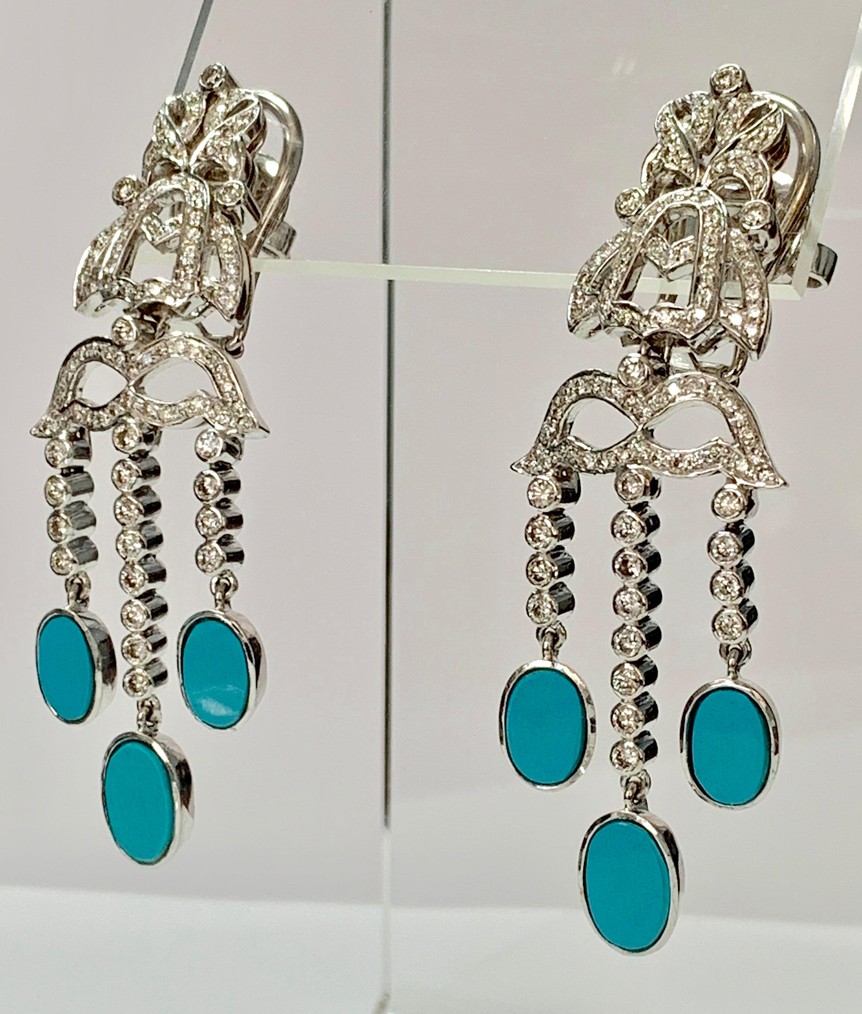 Women's Diamond and Turquoise Earrings in 18k White Gold For Sale