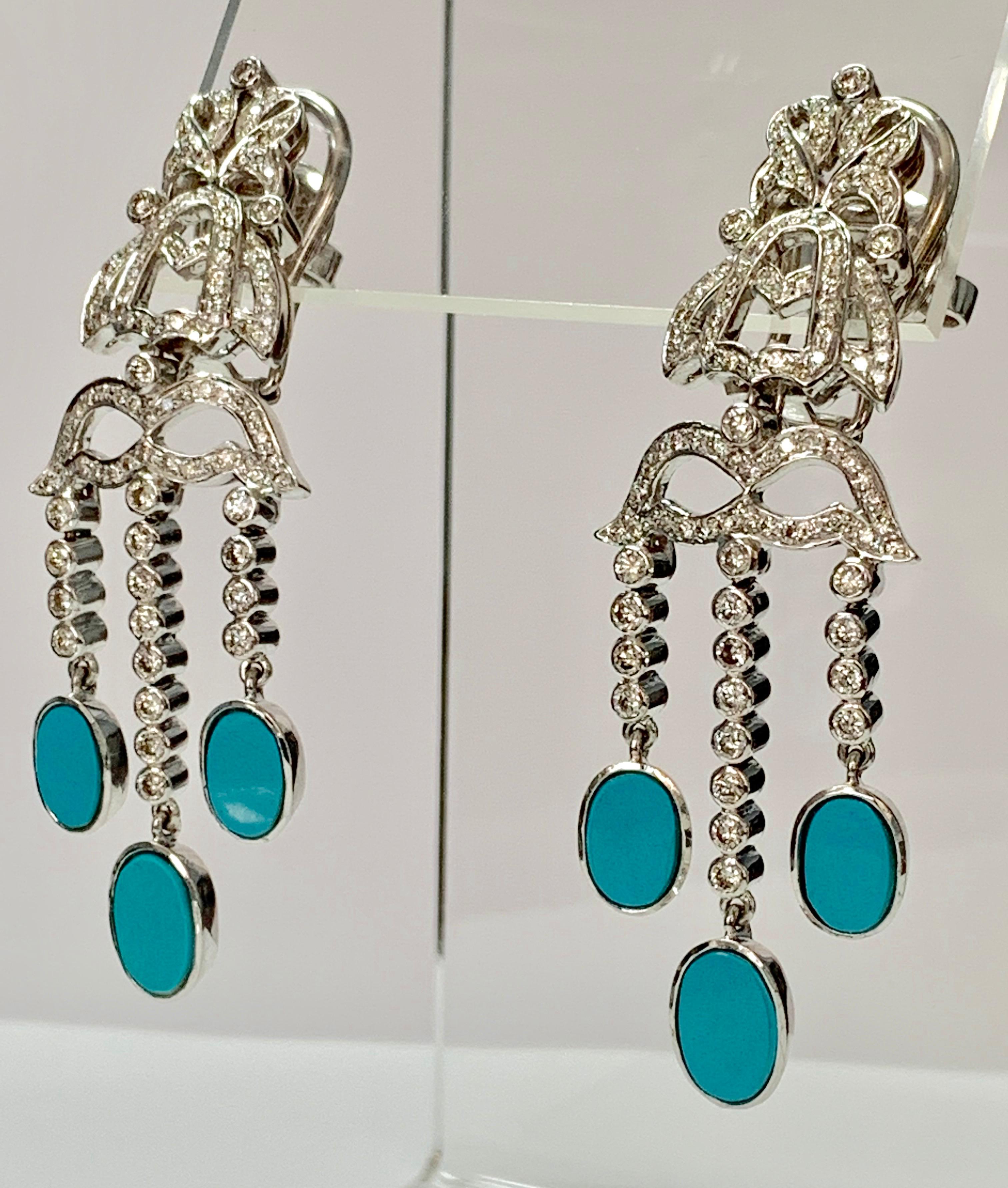 Diamond and Turquoise Earrings in 18k White Gold For Sale 1