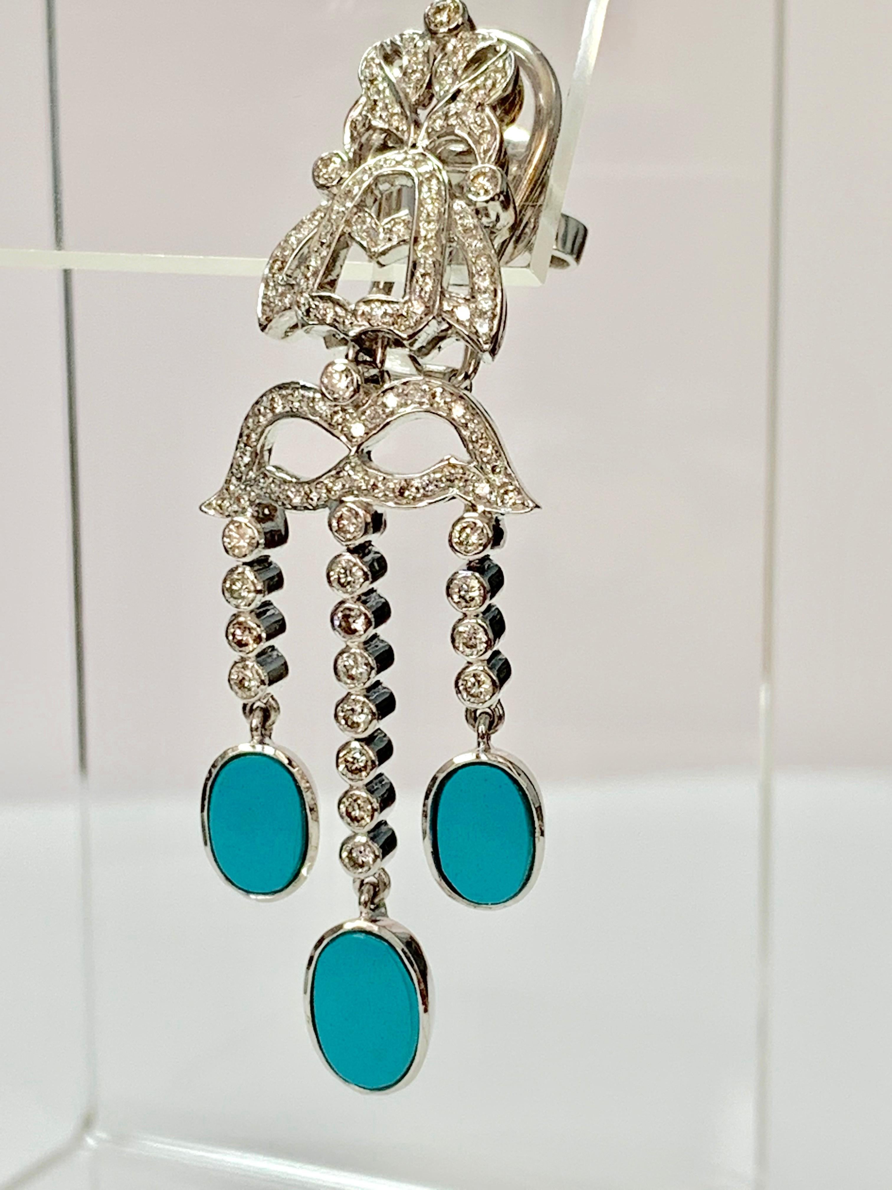 Diamond and Turquoise Earrings in 18k White Gold For Sale 3