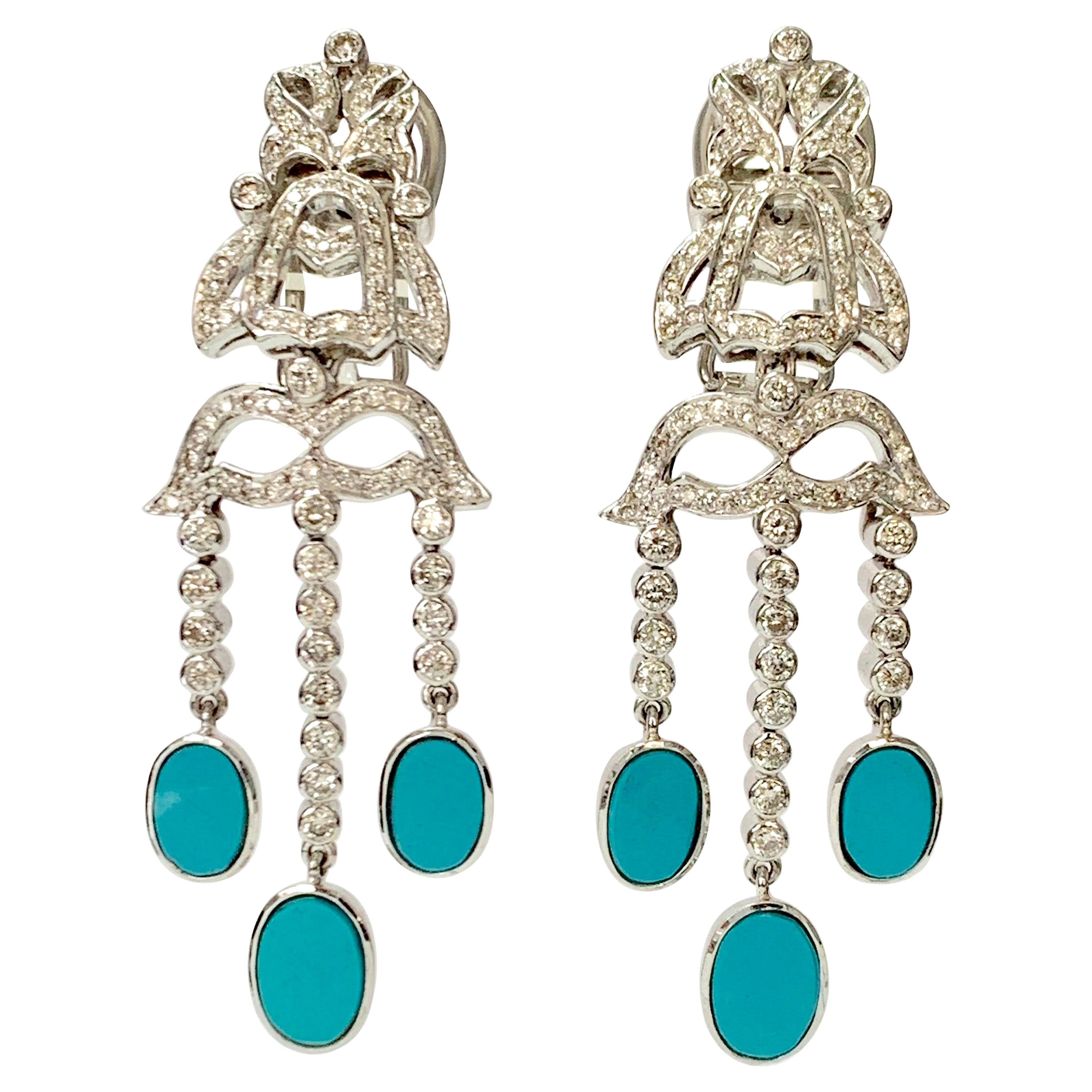 Diamond and Turquoise Earrings in 18k White Gold For Sale