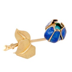 Diamond and Turquoise Enameled Yellow Gold Flower Brooch