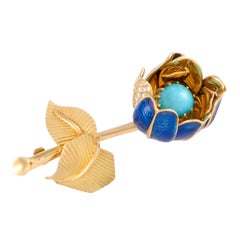 Diamond and Turquoise Enameled Yellow Gold Flower Brooch