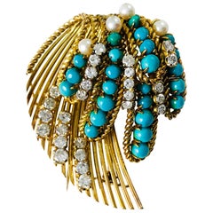 Diamond and Turquoise Gold Wire Brooch