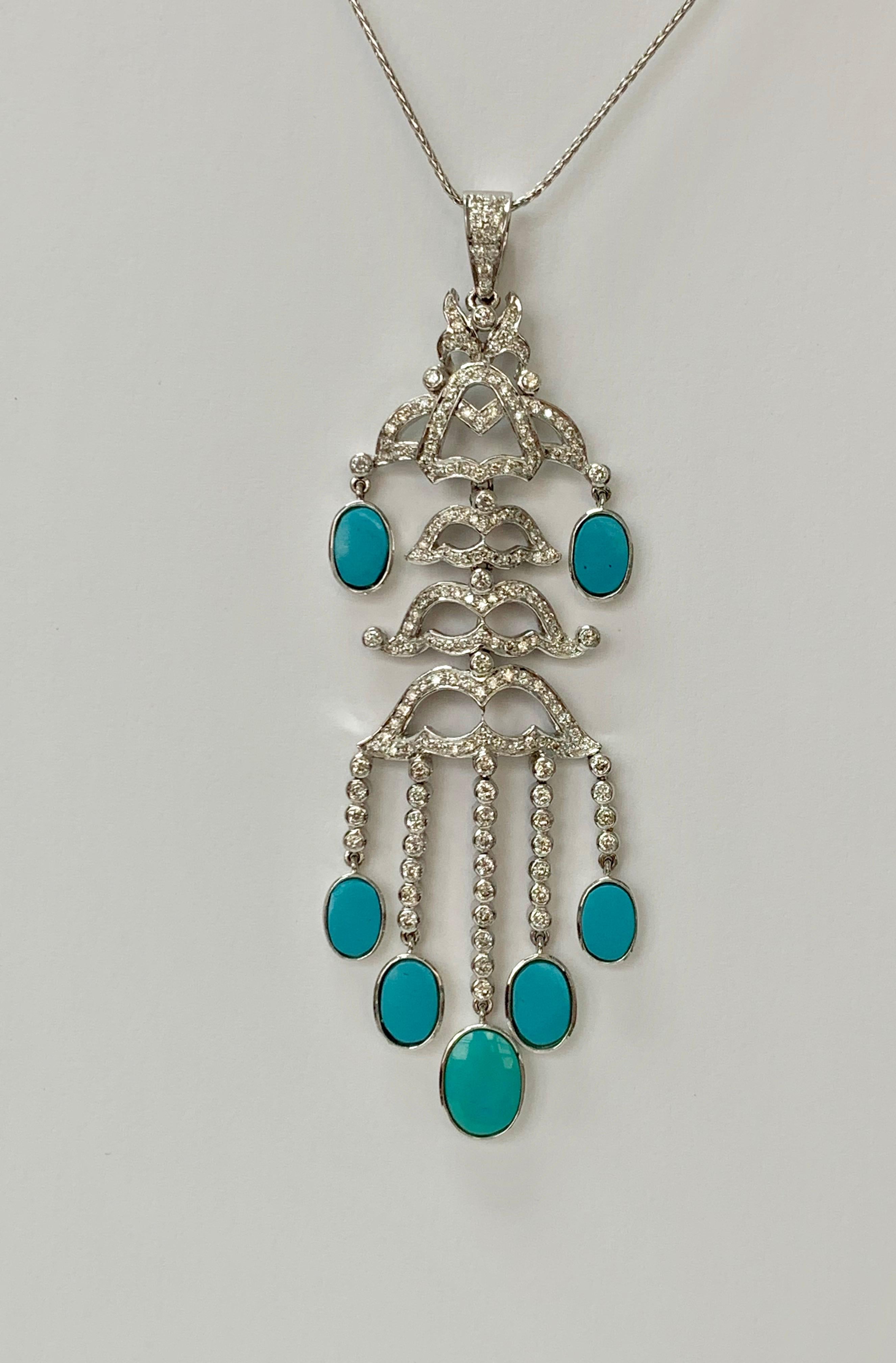 Diamond and Turquoise Pendant Necklace in 18k White Gold In New Condition For Sale In New York, NY