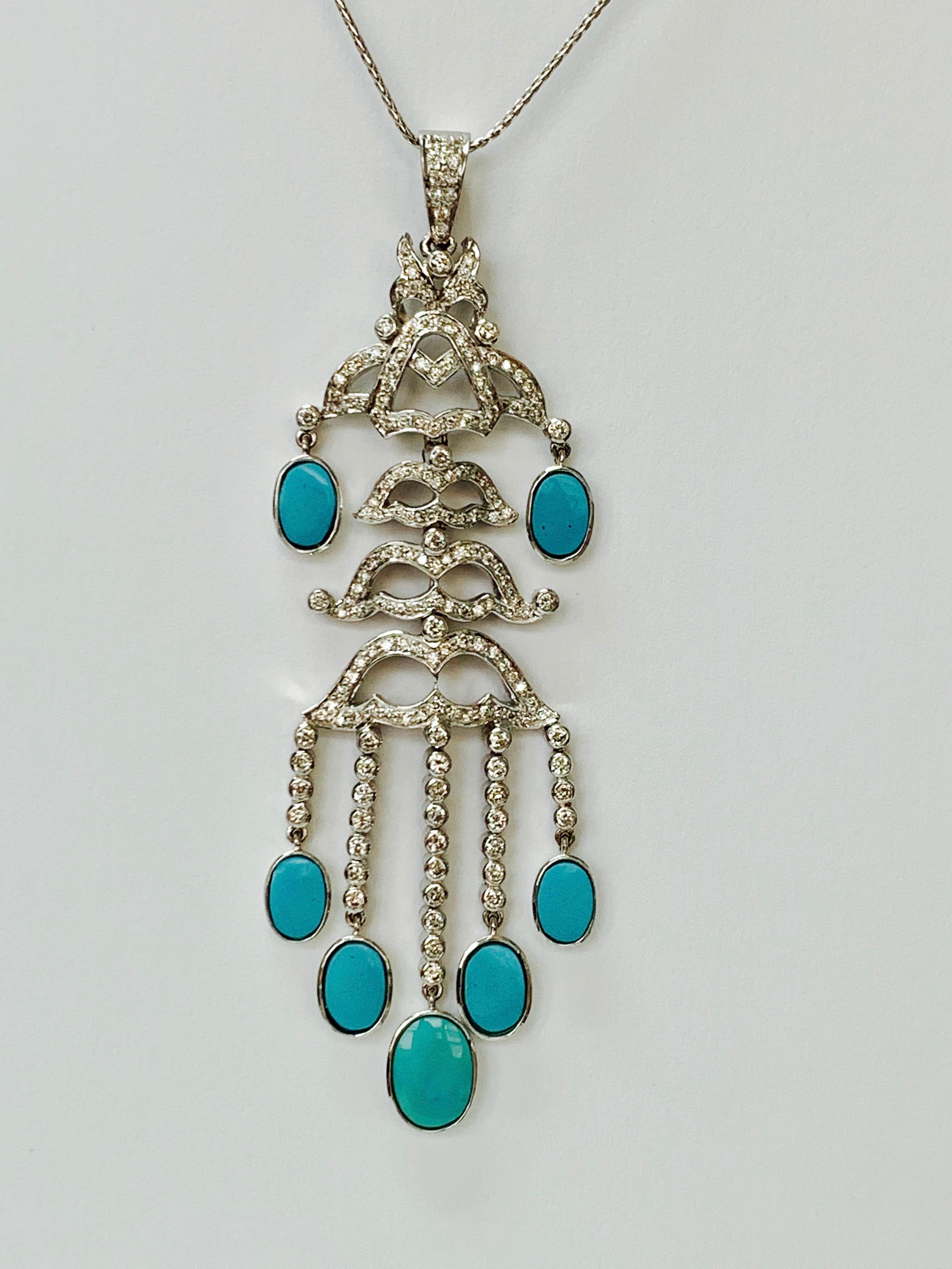Collier pendentif diamant et turquoise en or blanc 18k en vente 1