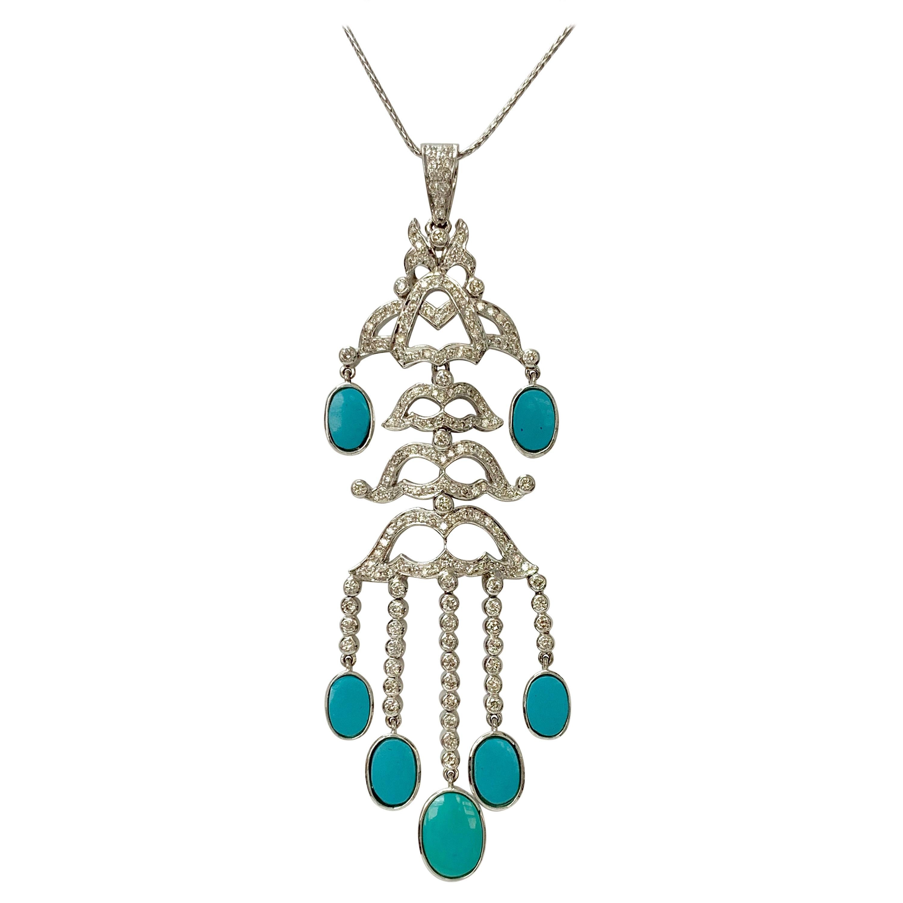 Turquoise Diamond White Gold Pendant Necklace For Sale at 1stDibs