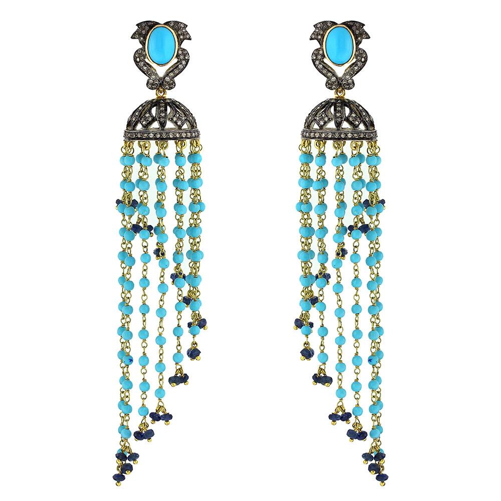 Diamond and Turquoise Tassel Earrings In New Condition In New York, NY
