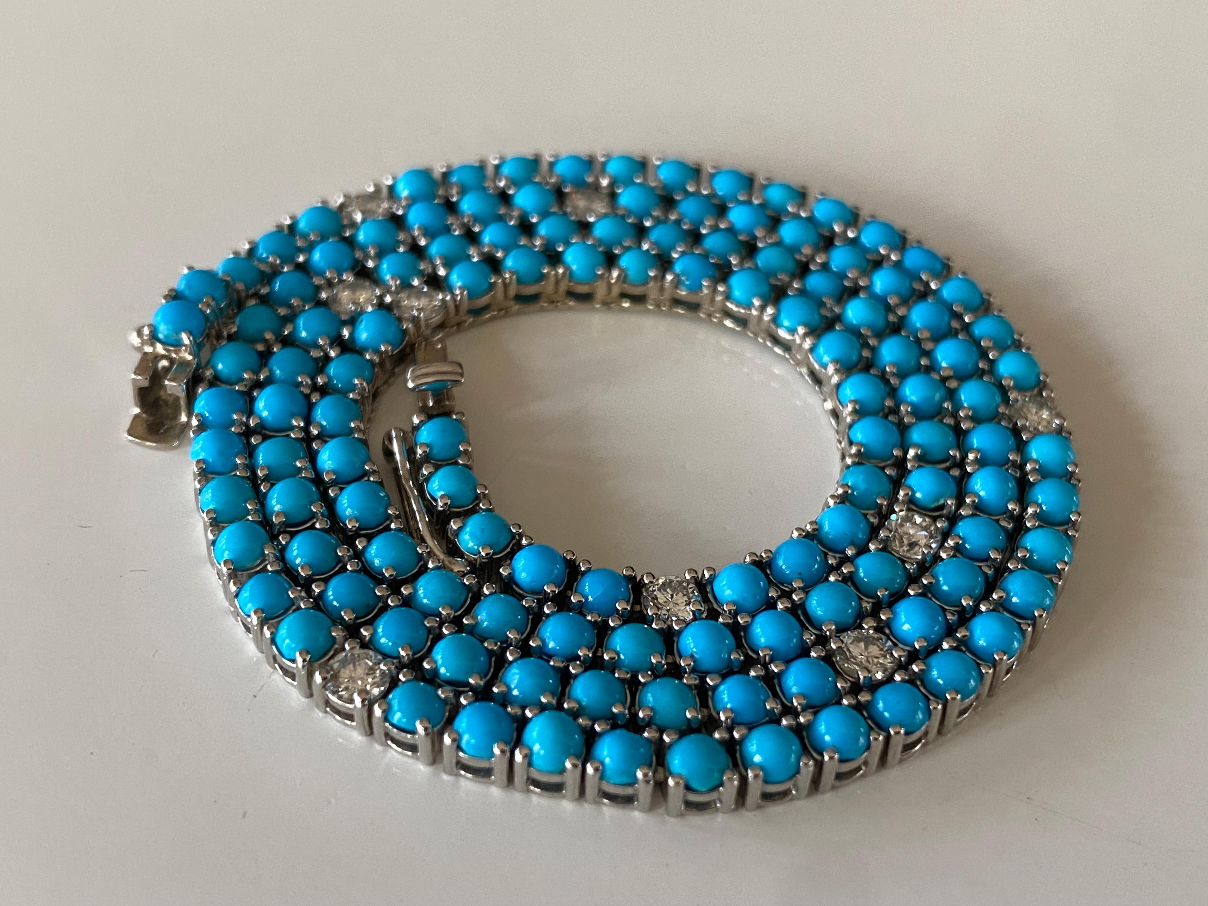 Round Cut Diamond and Turquoise Tennis Necklace