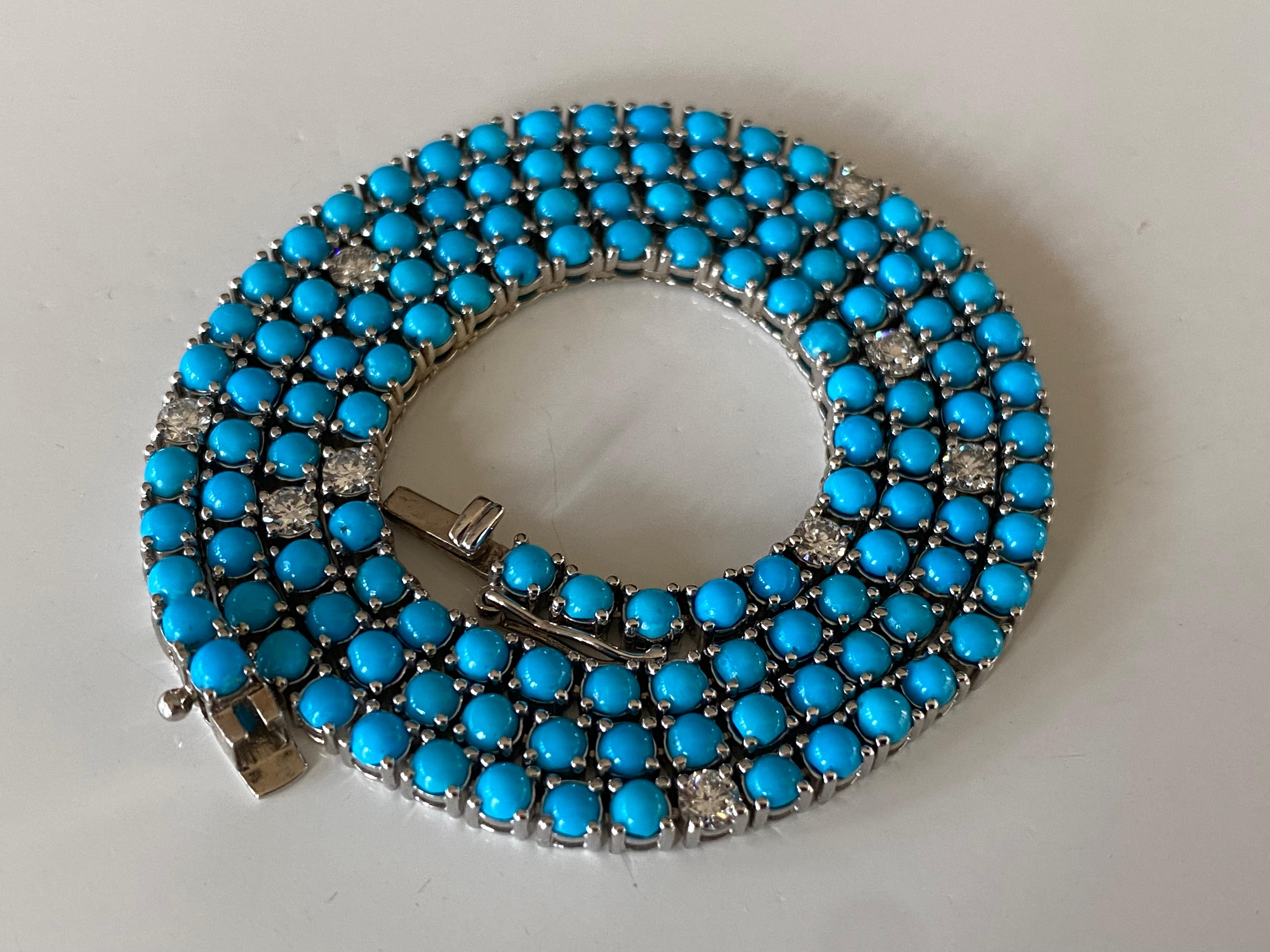 Diamond and Turquoise Tennis Necklace In New Condition In Denver, CO