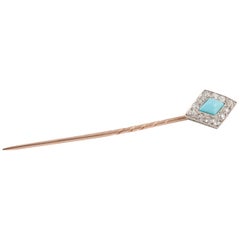 Diamond and Turquoise Tie or Lapel Pin in Platinum and Gold, English, circa 1890