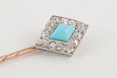 Diamond and Turquoise Tie or Lapel Pin in Platinum and Gold, English, circa 1890