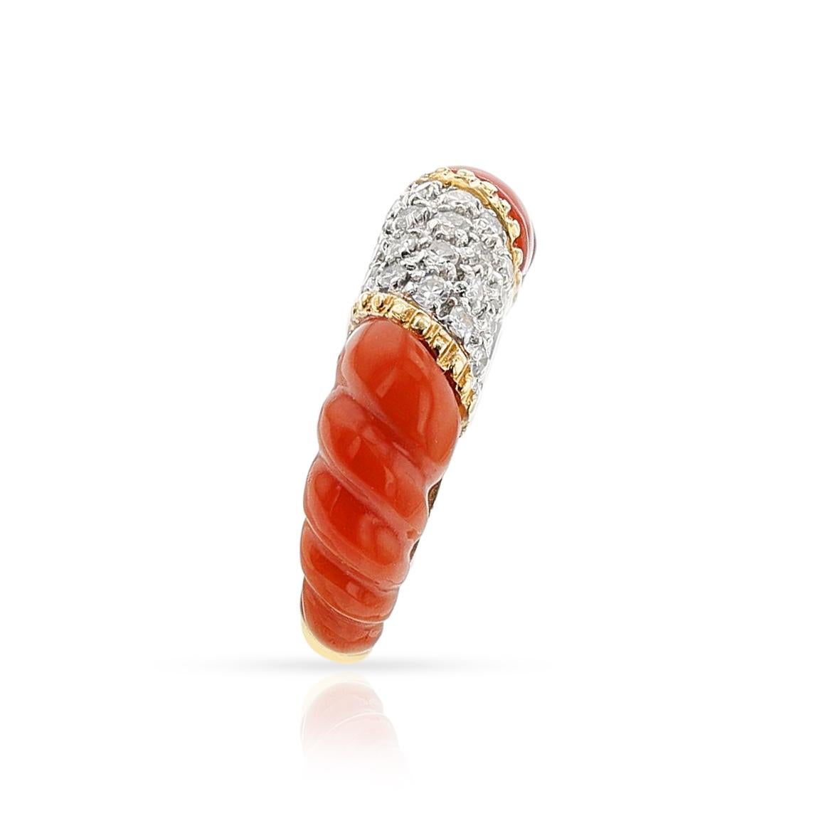 Round Cut Diamond and Twisted Coral Gold Ring, 18k For Sale