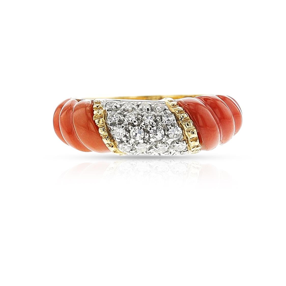Diamond and Twisted Coral Gold Ring, 18k For Sale 1