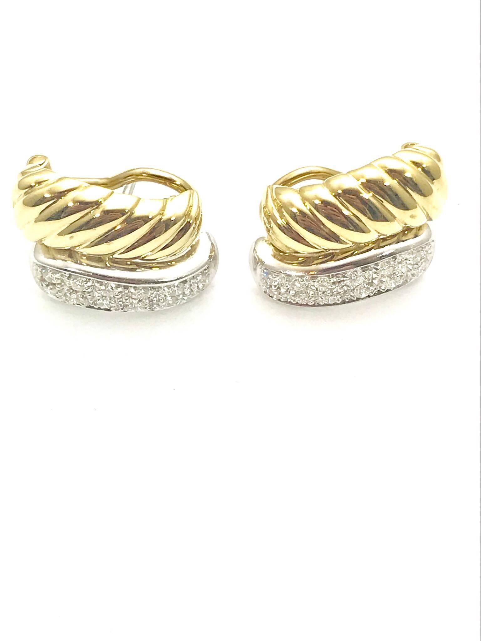 Diamond and Two-Tone Gold Clip and Post Earrings In Excellent Condition In Chevy Chase, MD