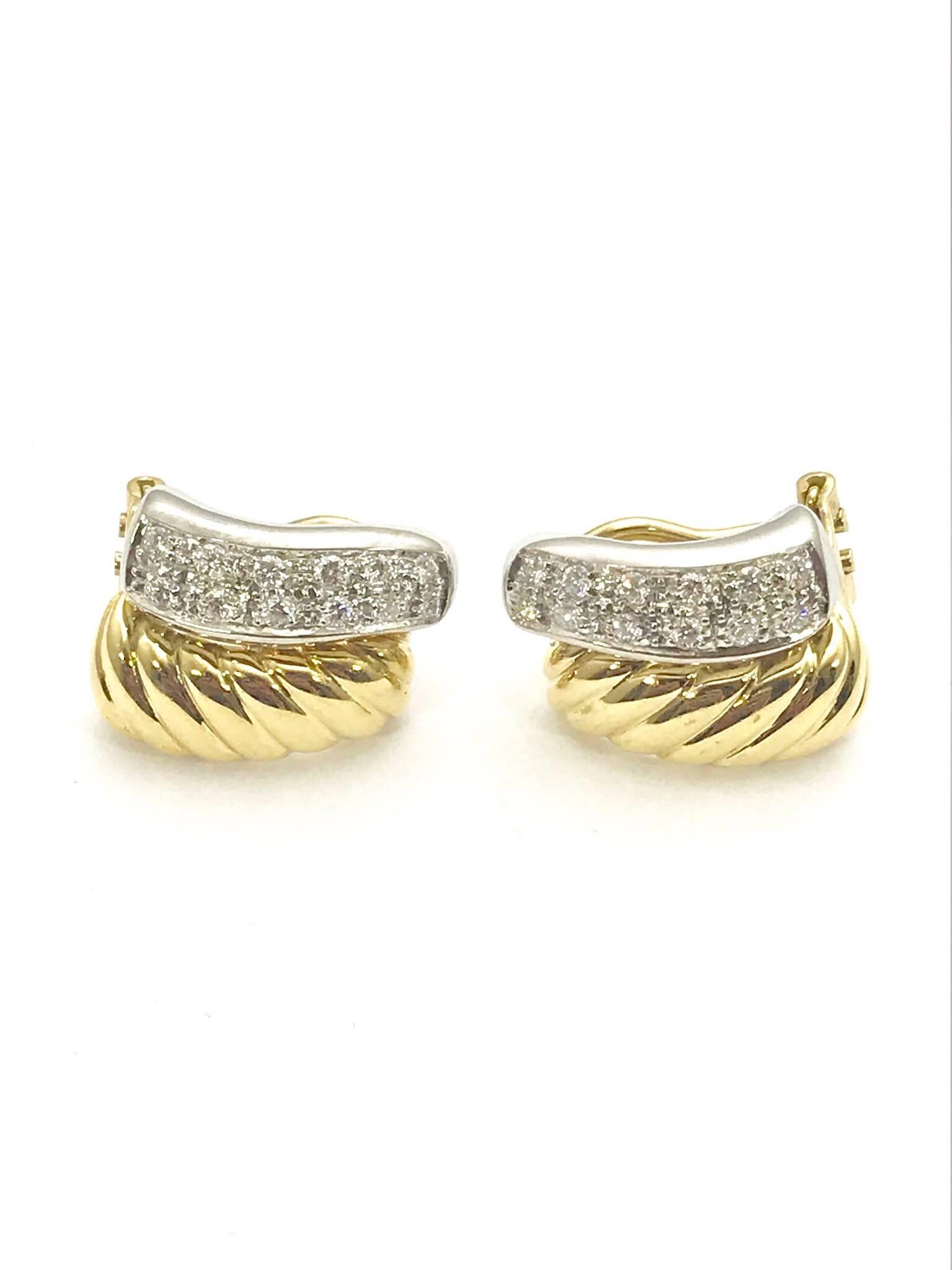 Women's or Men's Diamond and Two-Tone Gold Clip and Post Earrings