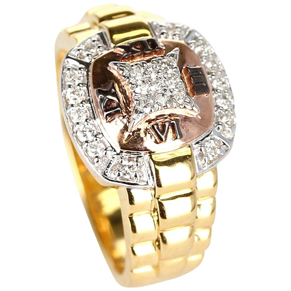 Diamond and Watch Band Style Ring, 14 Karat Yellow and Rose Gold