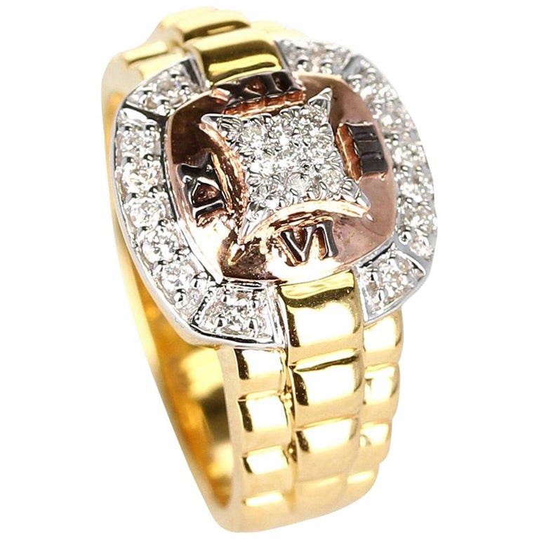 Diamond and Watch Band Style Ring, 14 Karat Yellow and Rose Gold For Sale  at 1stDibs