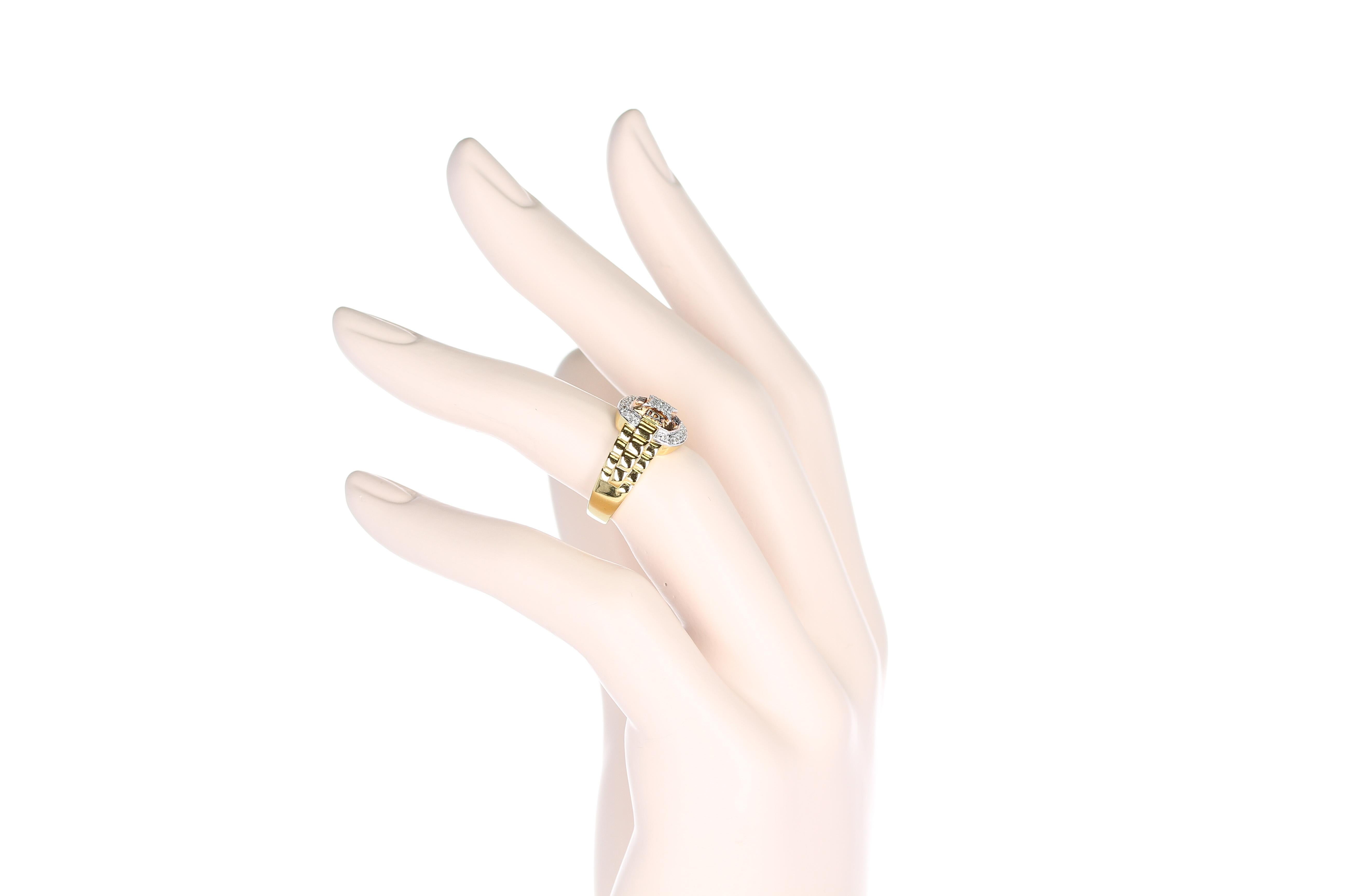 Diamond and Watch Band Style Ring, 14 Karat Yellow and Rose Gold 7