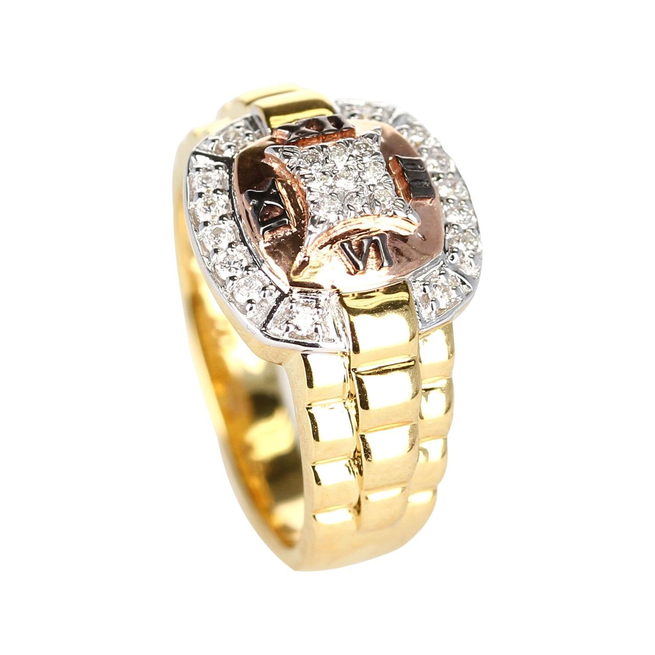 A bold Watch Band Style Ring with Diamonds and the Roman Numerals: XII, III, VI, IX with the center area with 0.23 carats of Diamonds. 14K Yellow and Rose Gold, Ring Size 6.25. Signed D'D for D'Deco Jewels. Metal type and stones can be customized. 

