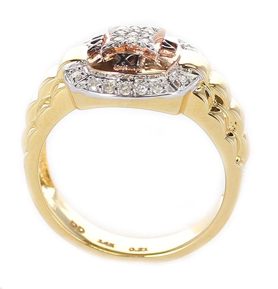 A bold Watch Band Style Ring with Diamonds and the Roman Numerals: XII, III, VI, IX with the center area with 0.21 carats of Diamonds. 14K Yellow and Rose Gold, Ring Size 6.25. Signed D'D for D'Deco Jewels. Metal type and stones can be customized. 