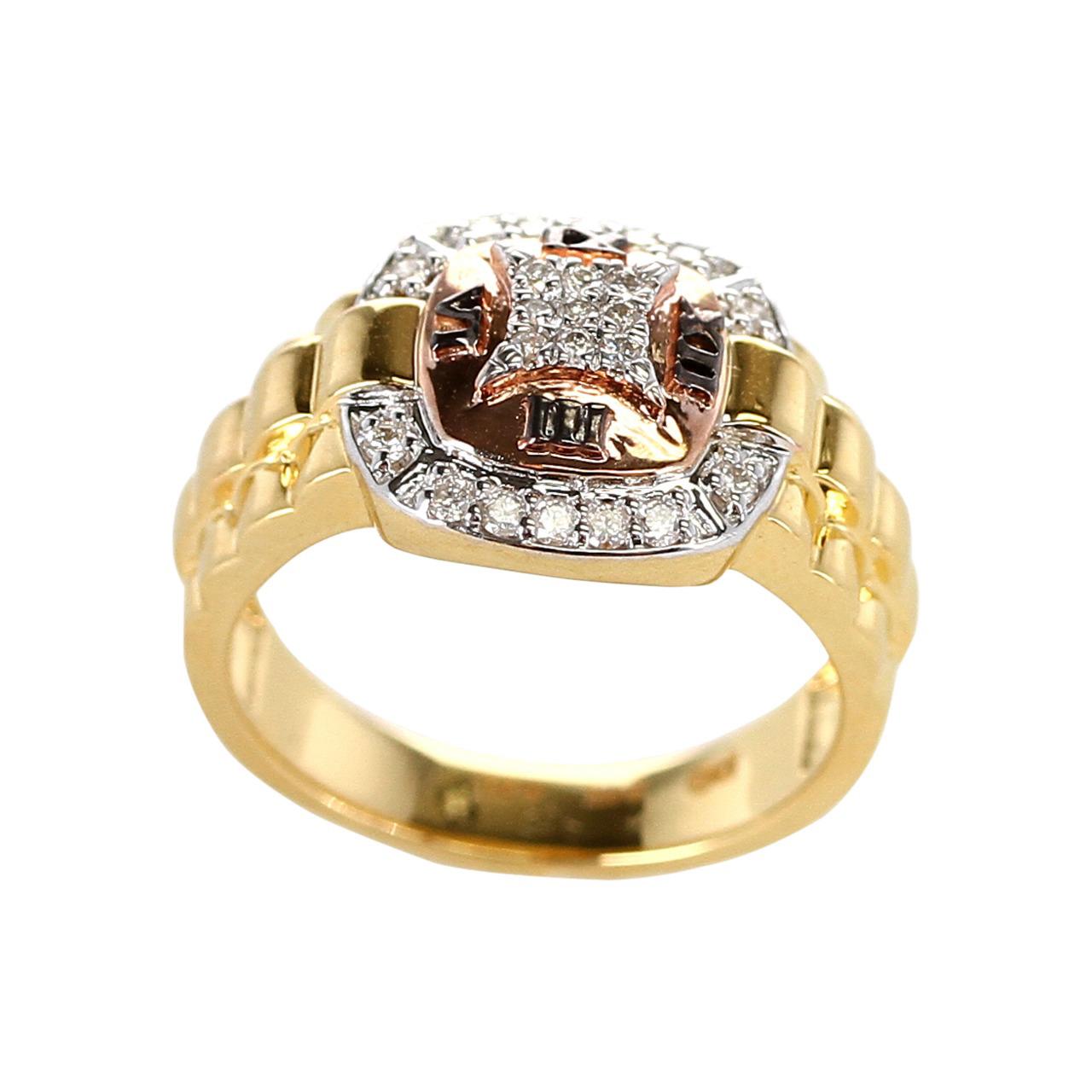 Round Cut Diamond and Watch Band Style Ring, 14 Karat Yellow and Rose Gold