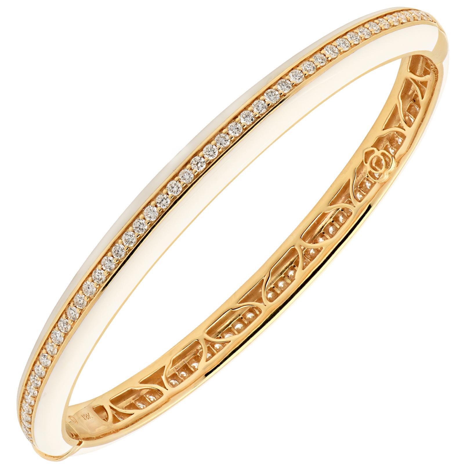 Bracelet à charnière empilable en or jaune 18K avec diamants et céramique blanche Nouveau Neuf - En vente à Boca Raton, FL