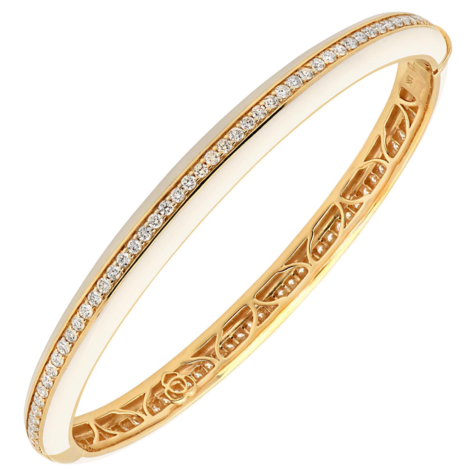 Bracelet à charnière empilable en or jaune 18K avec diamants et céramique blanche Nouveau