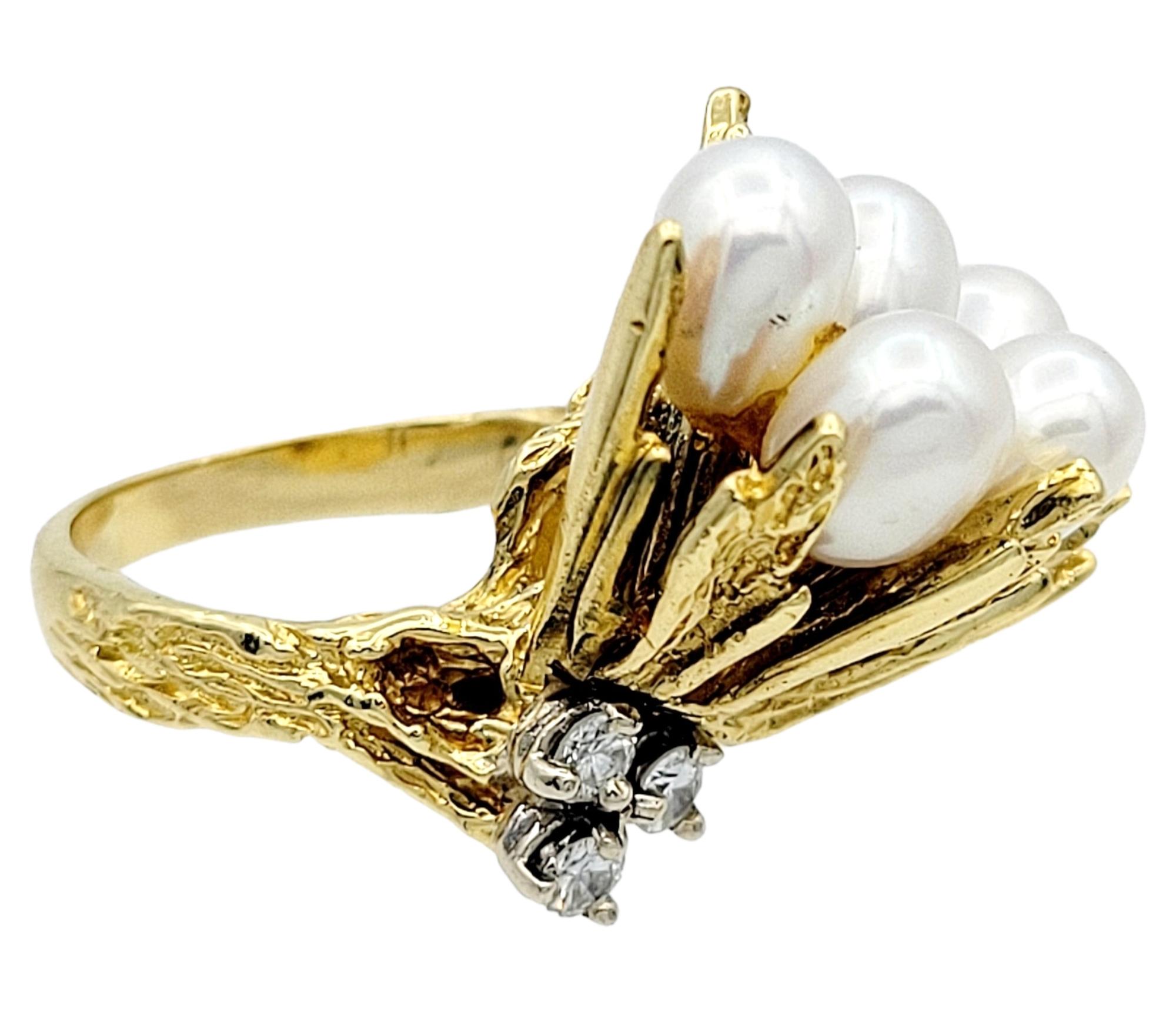 Ring Size: 6

This dazzling diamond and white cultured pearl cluster cocktail ring in 18-karat yellow gold is an exquisite statement piece to add to your fine jewelry collection. The ring boasts a bouquet of lustrous white cultured drop-shaped