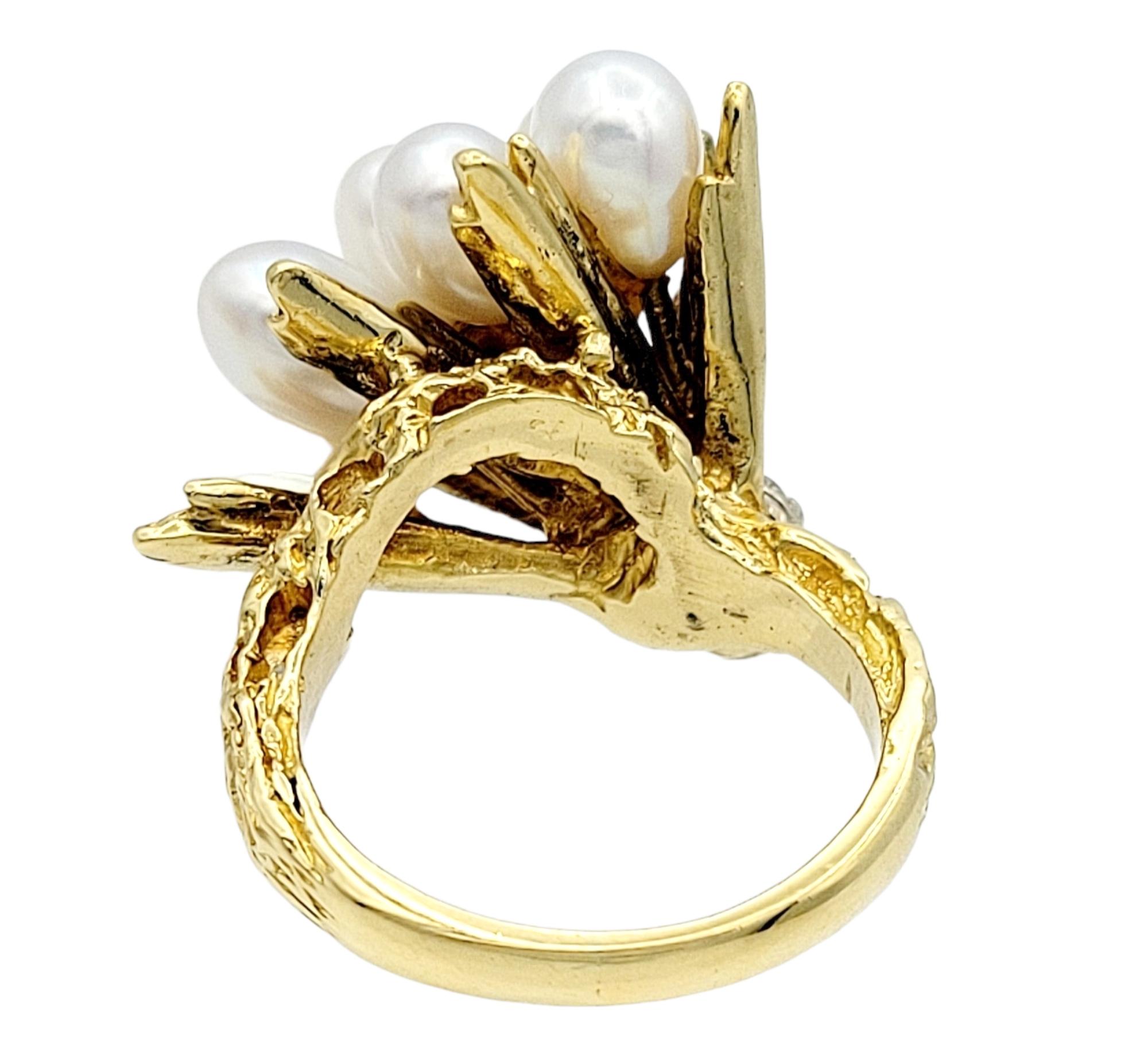 Contemporary Diamond and White Cultured Pearl Cluster Cocktail Ring in 18 Karat Yellow Gold For Sale