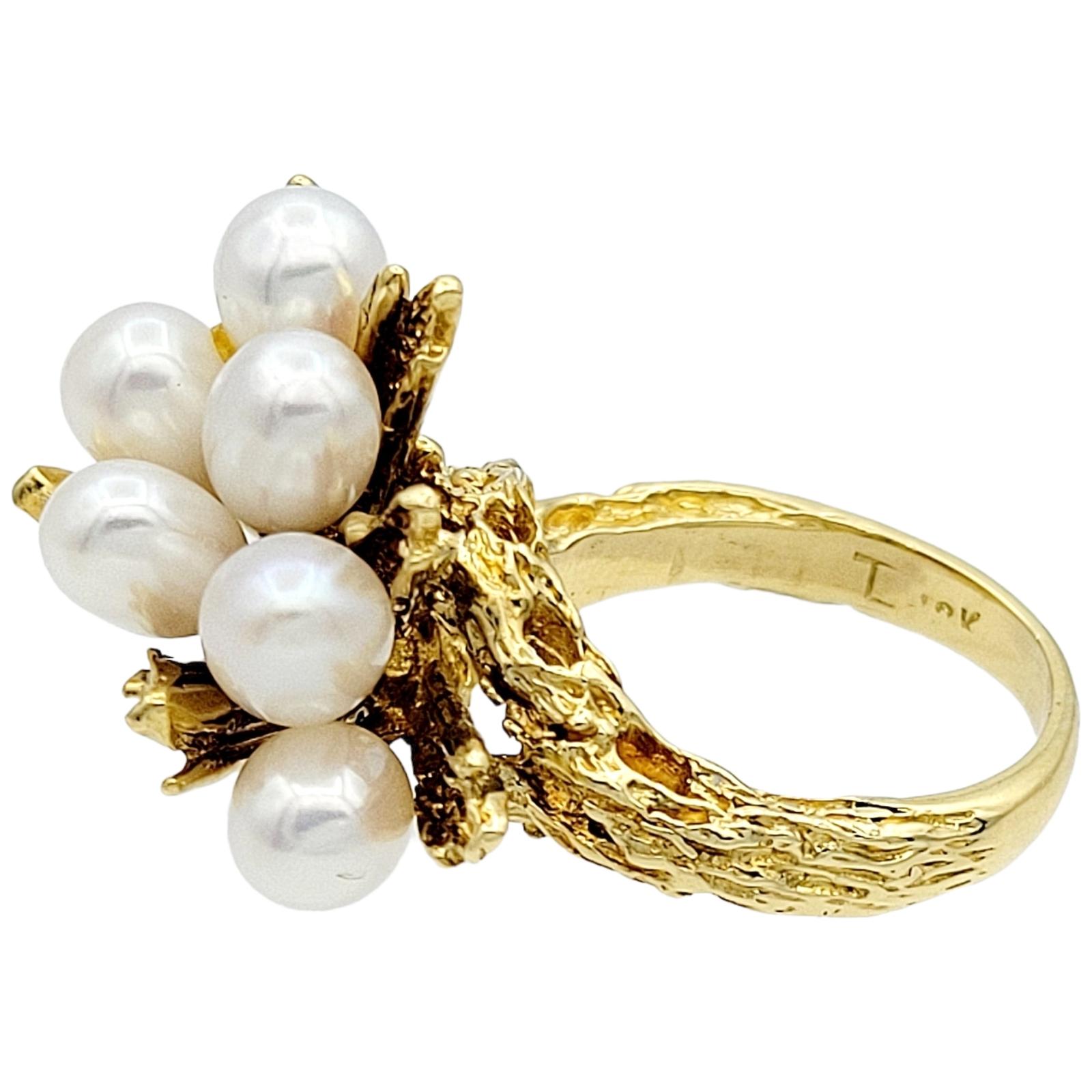 Round Cut Diamond and White Cultured Pearl Cluster Cocktail Ring in 18 Karat Yellow Gold For Sale