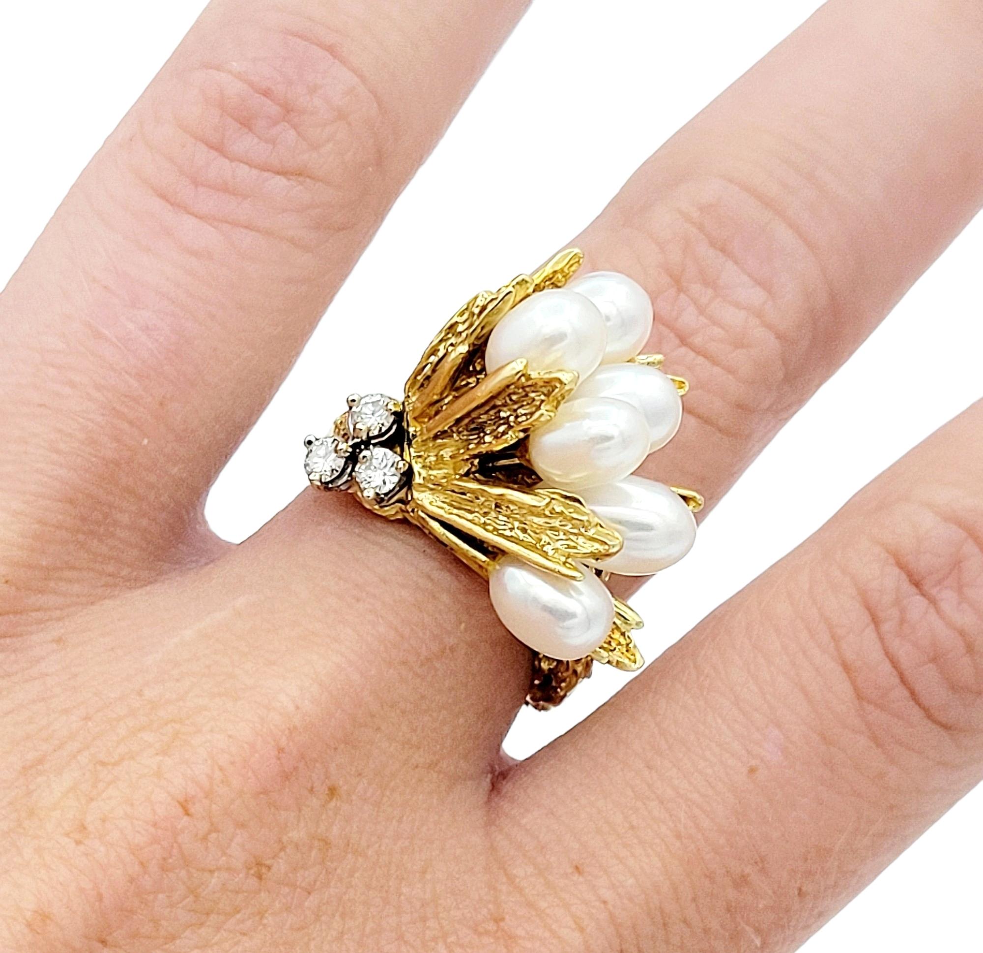 Women's Diamond and White Cultured Pearl Cluster Cocktail Ring in 18 Karat Yellow Gold For Sale