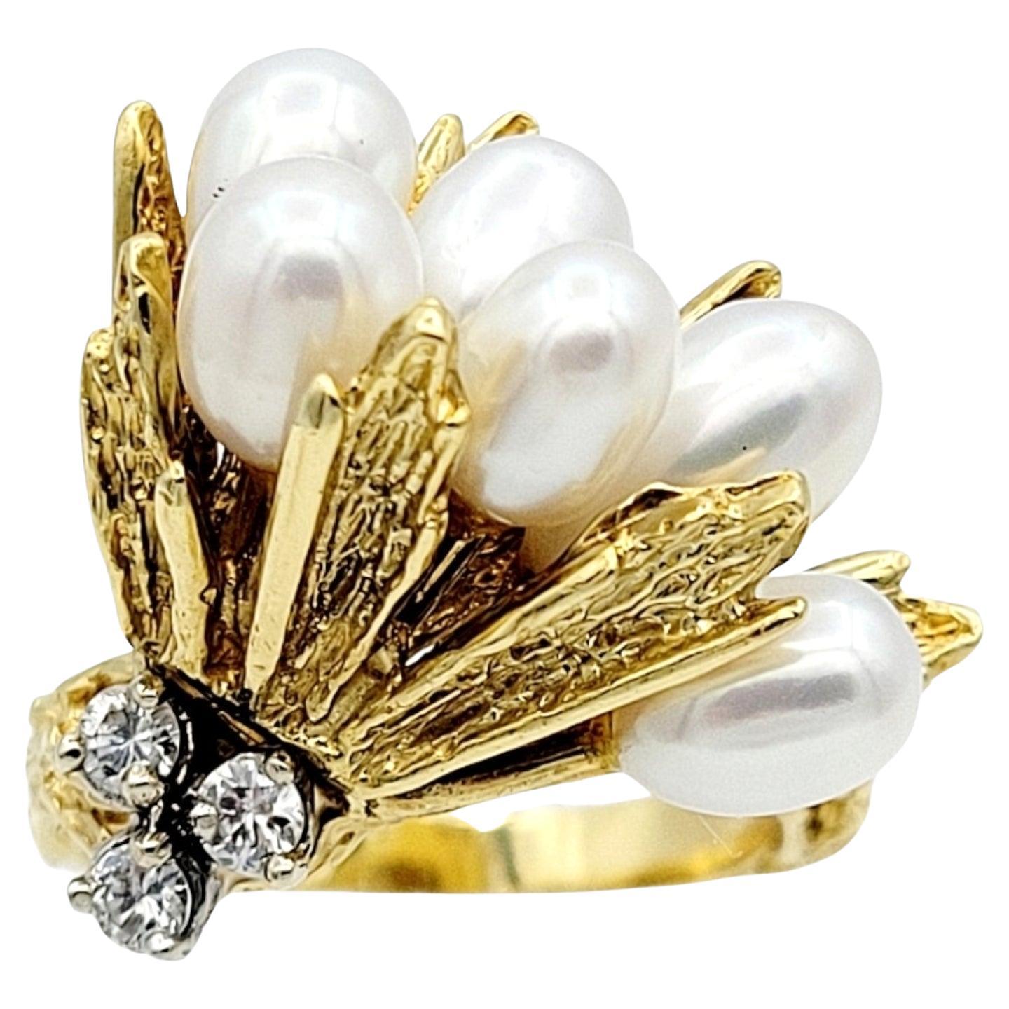Diamond and White Cultured Pearl Cluster Cocktail Ring in 18 Karat Yellow Gold For Sale
