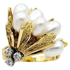 Vintage Diamond and White Cultured Pearl Cluster Cocktail Ring in 18 Karat Yellow Gold