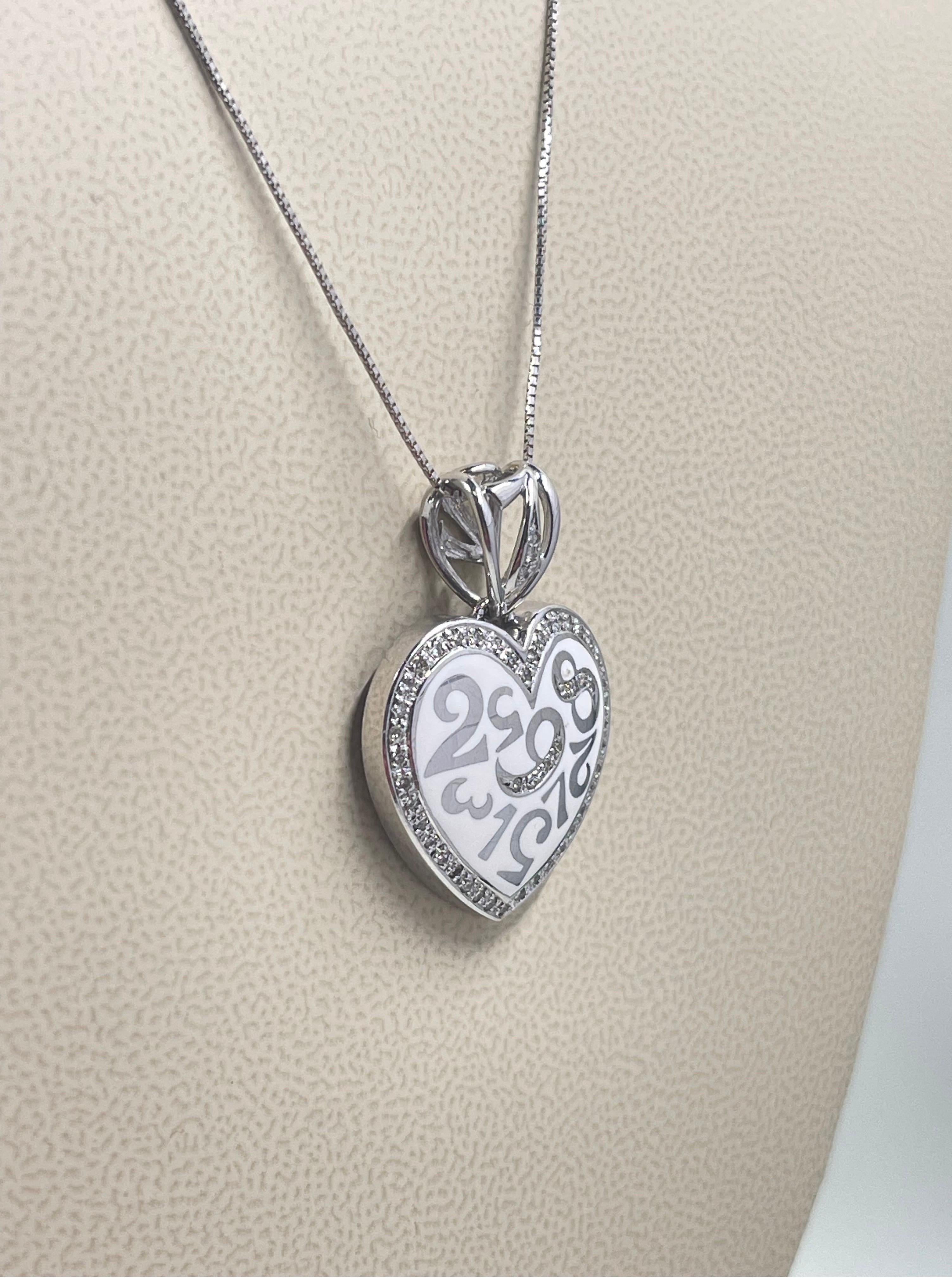 Modern Diamond And White Enamel Heart Necklace In 148k White Gold  For Sale