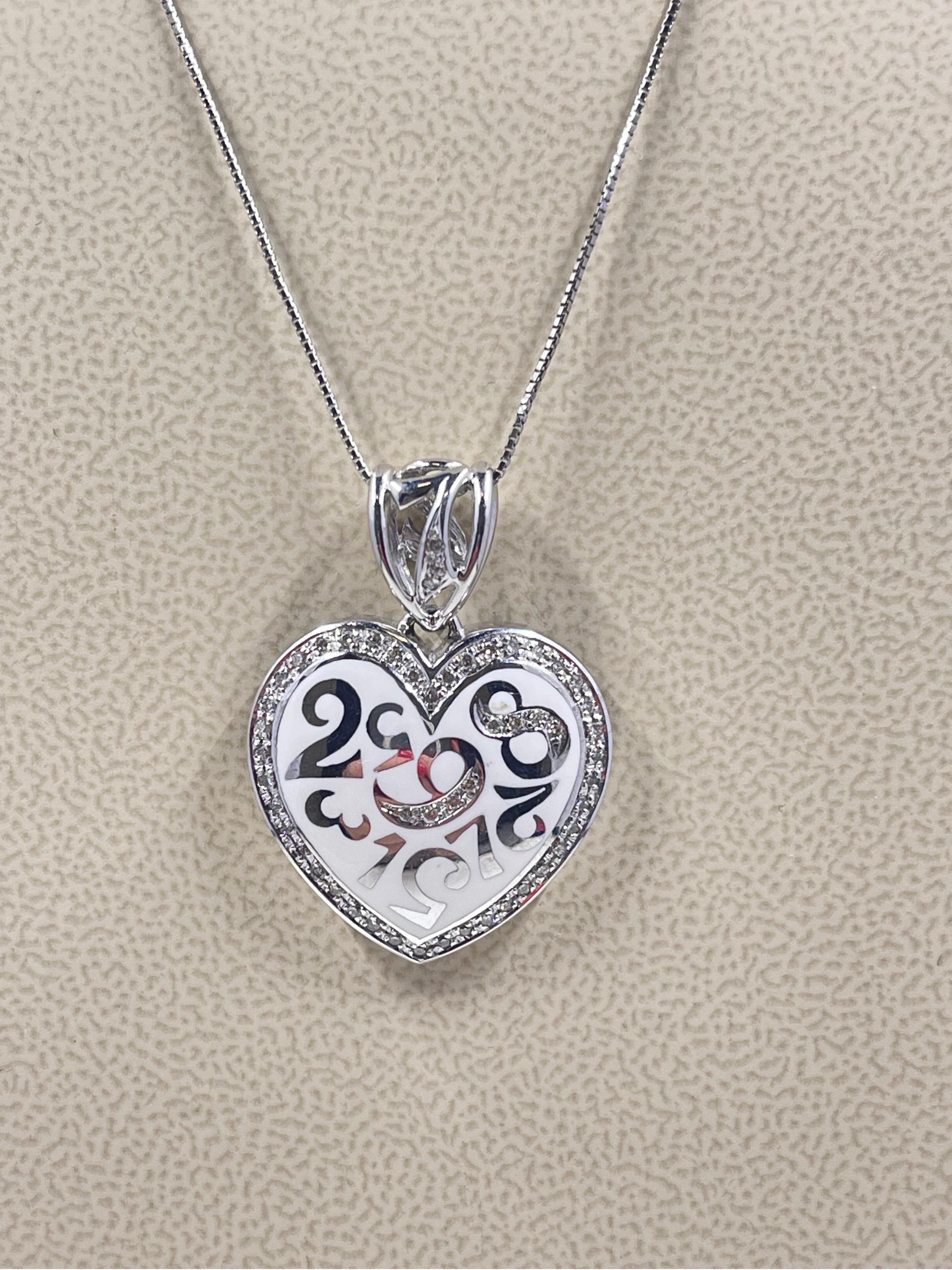 Women's Diamond And White Enamel Heart Necklace In 148k White Gold  For Sale