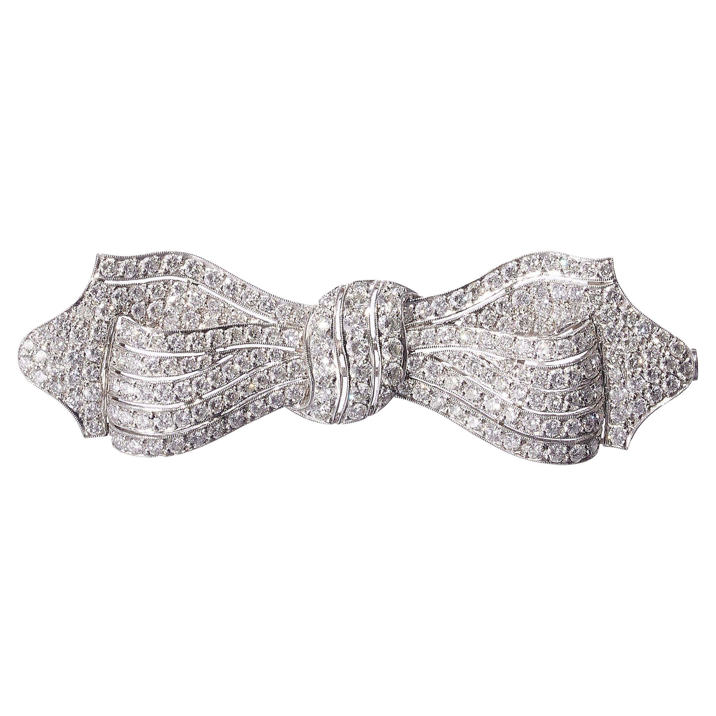 Diamond and White Gold Bow Brooch, circa 1990, 5.00 Carat For Sale