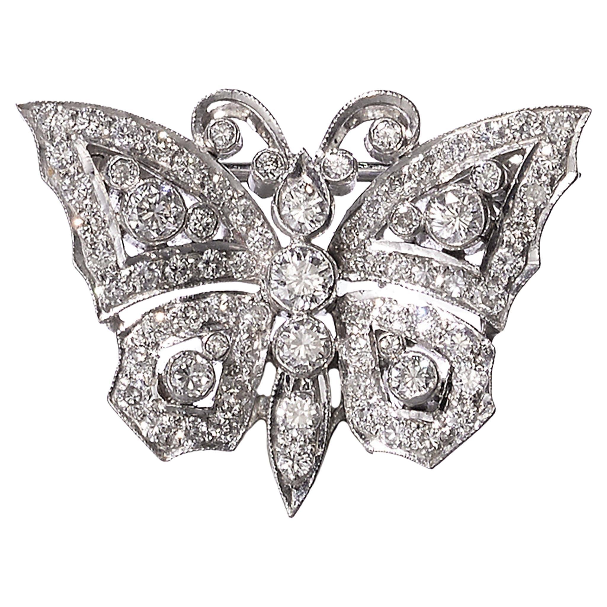 Diamond and White Gold Butterfly Brooch, circa 1990, 1.40 Carats