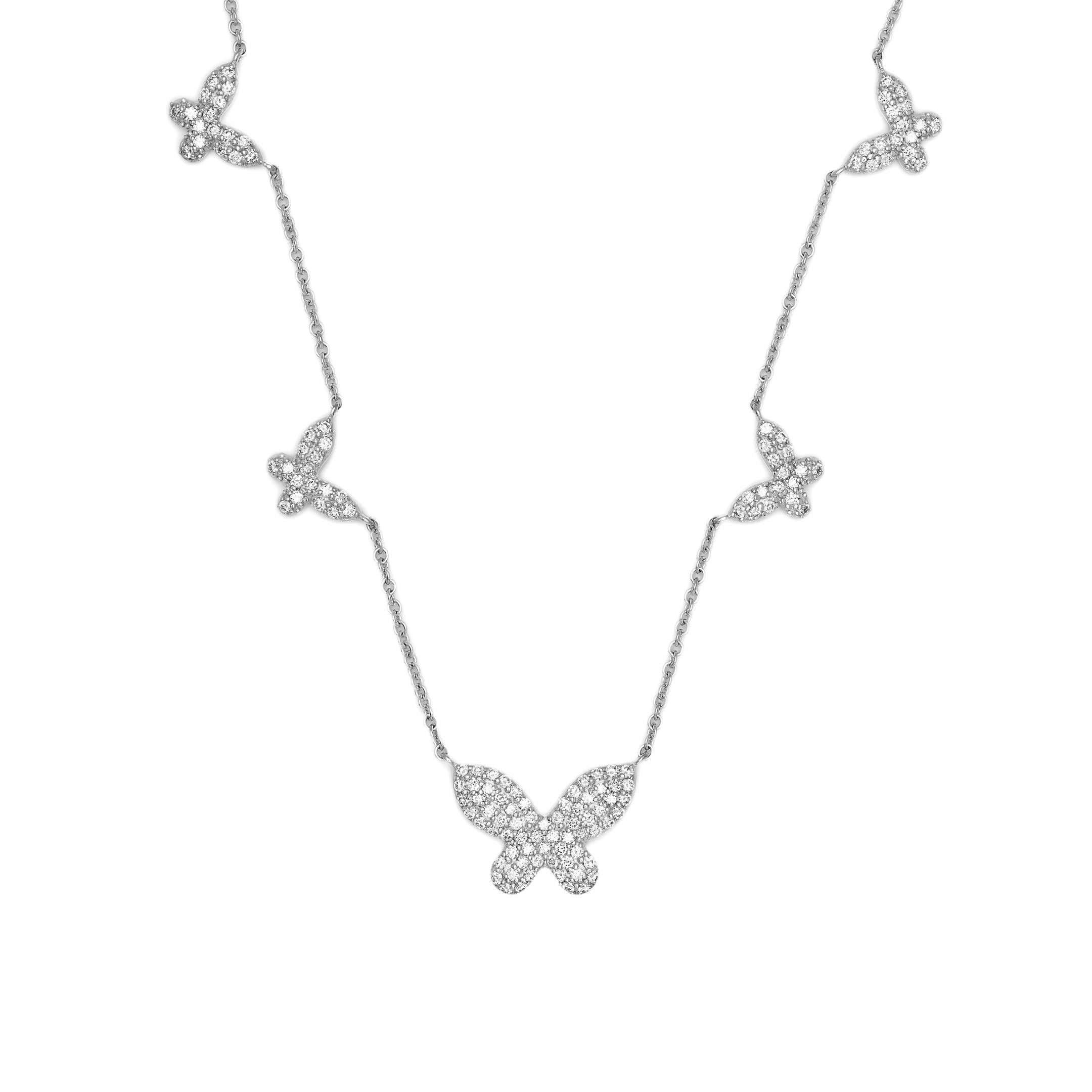 Tap into your ethereal side with our Diamond and Gold Butterfly Necklace. White diamonds dust five butterfly silhouettes, graduating in size. Crafted in 18-karat rose or white gold, the necklace provides a flattering focal point to strapless