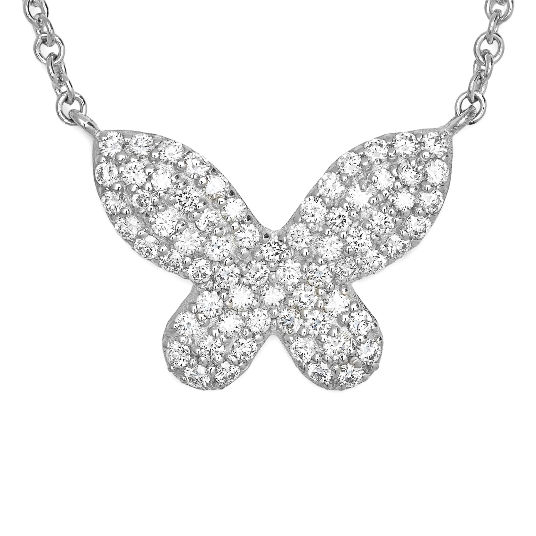 Round Cut Diamond and White Gold Butterfly Necklace For Sale