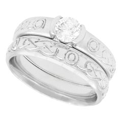 Diamond and White Gold Celtic Style Solitaire Ring and Wedding Band Set