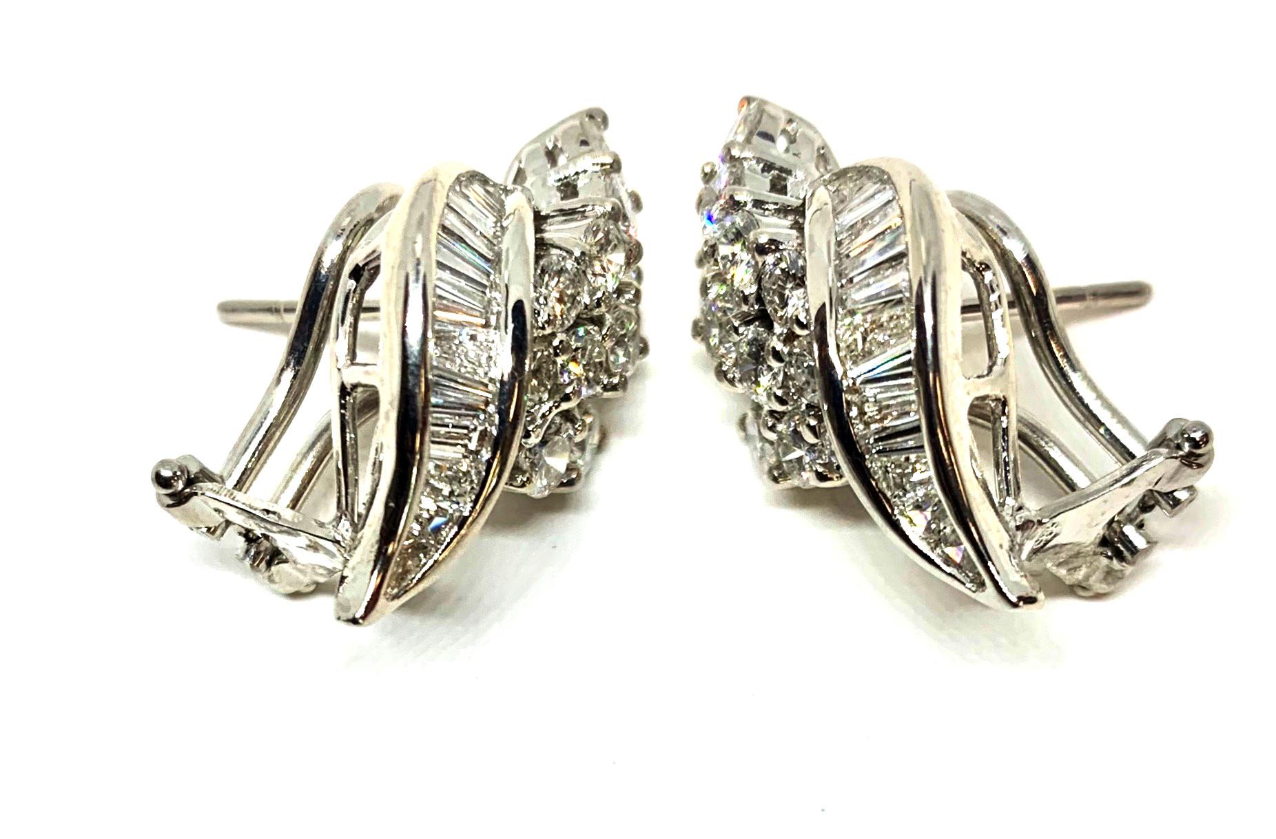 Women's 2.68 ct. t.w. Round and Baguette Diamond, 18k White Gold French Clip Earrings
