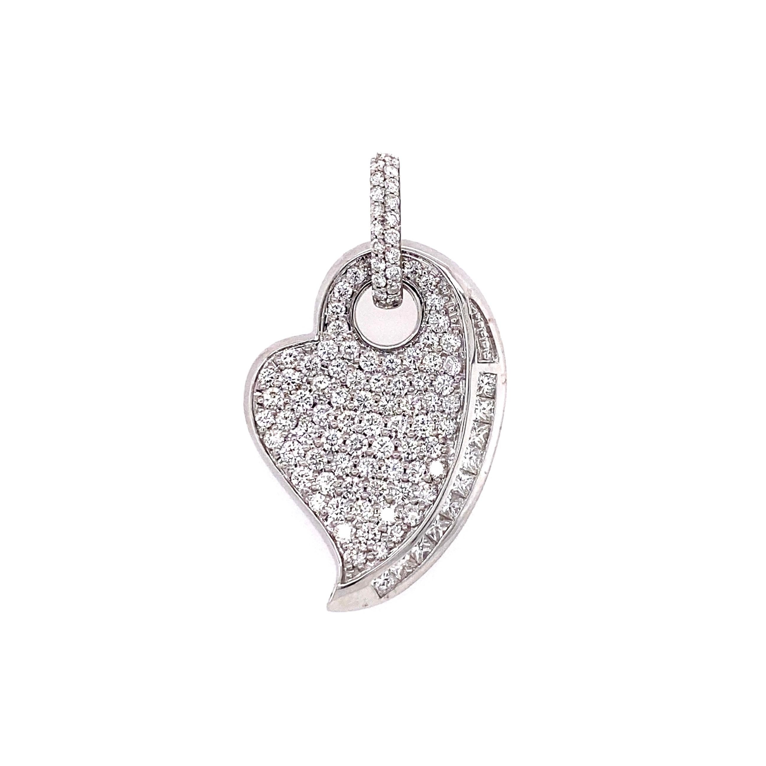 Brilliant Cut Diamond and White Gold Heart Pendant Necklace For Sale