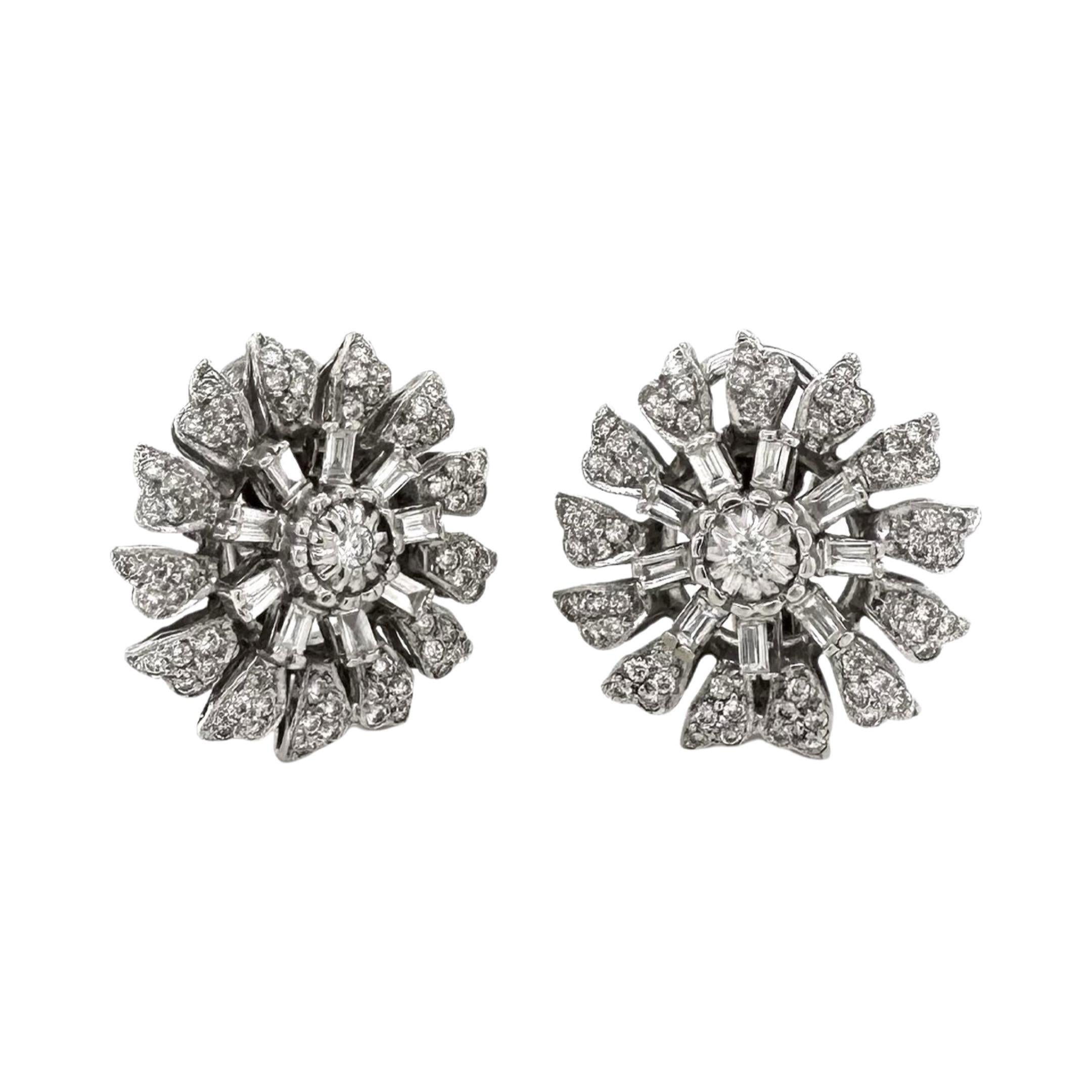 Round Cut Diamond and White Gold Large Flower Stud Earrings