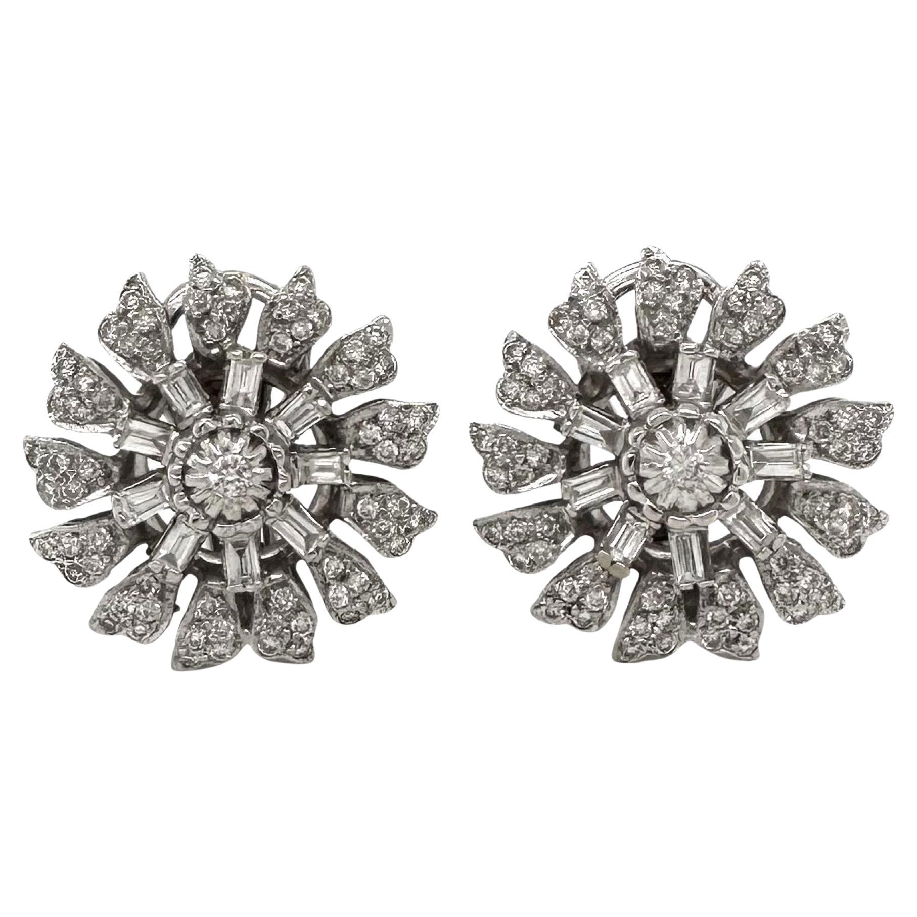 Diamond and White Gold Large Flower Stud Earrings