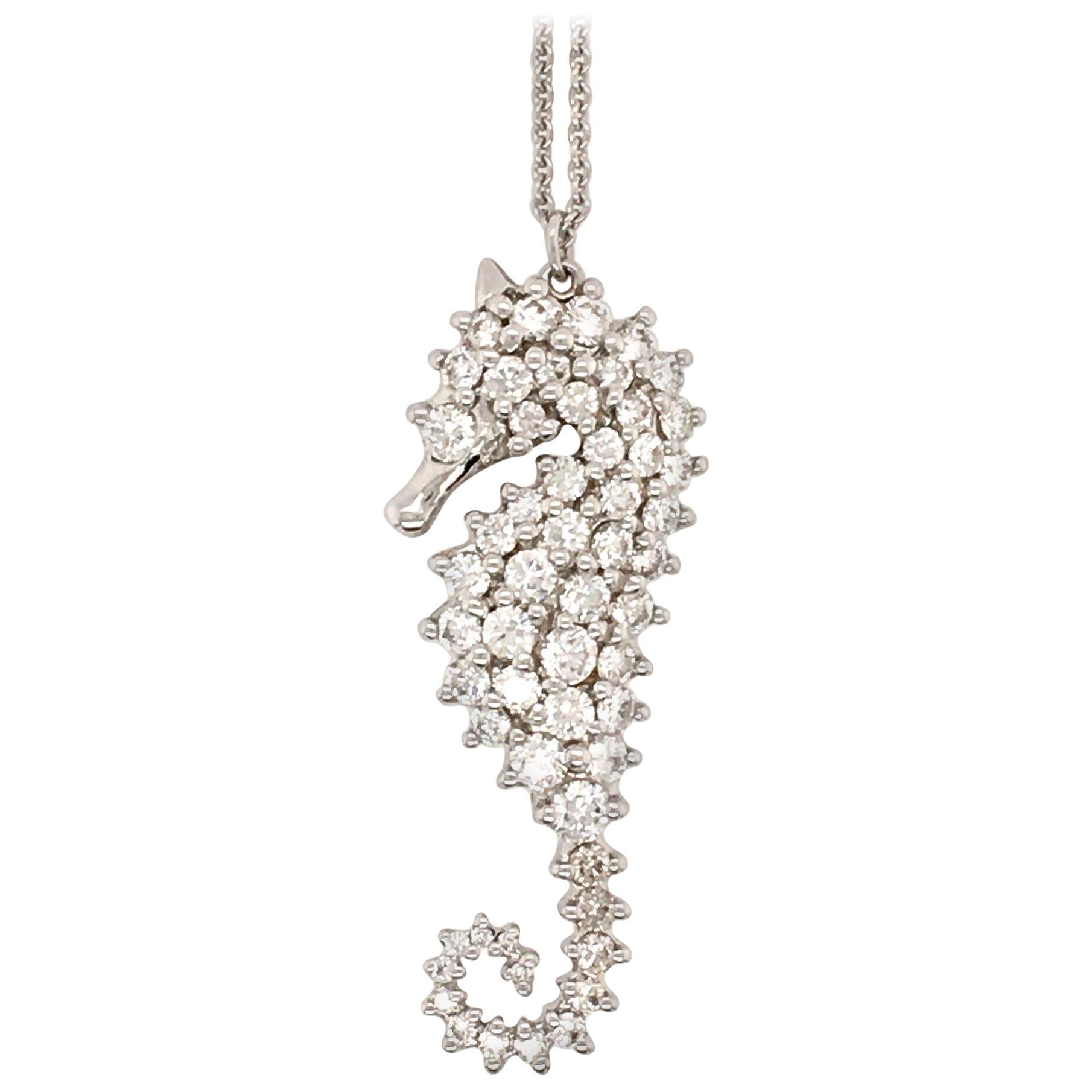 Diamond and White Gold Sea Horse Pendant Necklace
