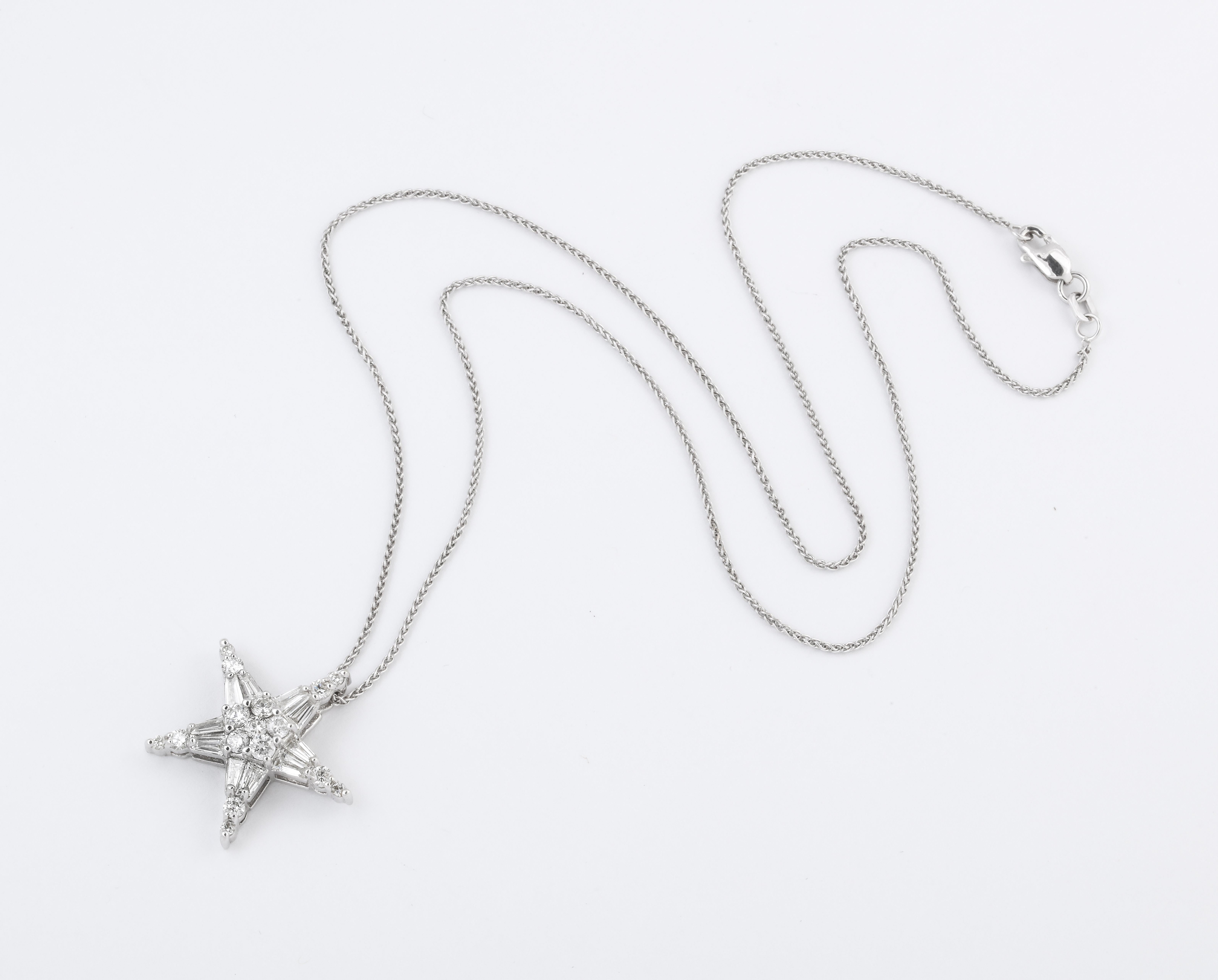 Baguette Cut Diamond and White Gold Star Necklace