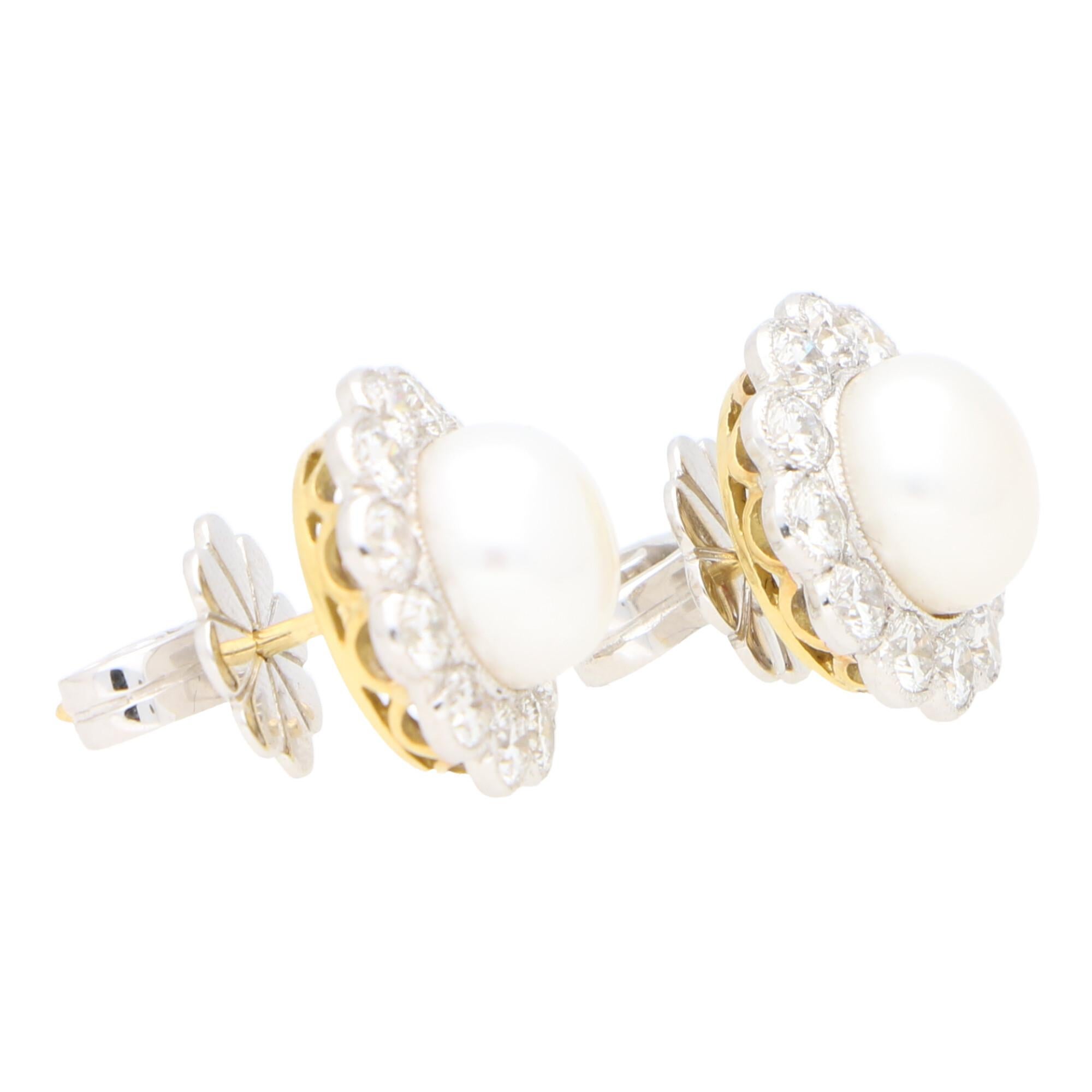 Modern Diamond and White Pearl Cluster Earrings Set in 18 Karat White Gold